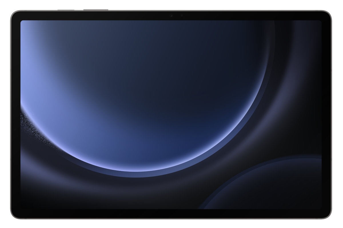 Ekran tabletu wyświetla ciemnoniebieski gradient z dwoma dużymi białymi łukami.