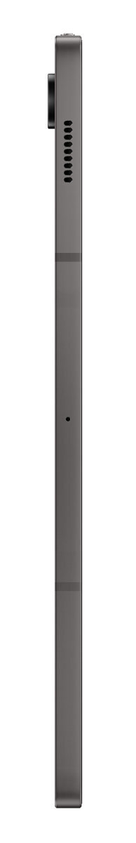 Widok z boku ciemnoszarego tabletu z kamerą i głośnikiem.