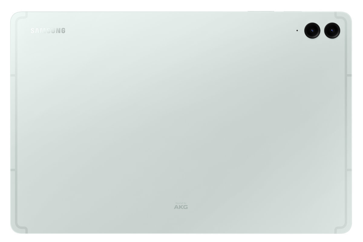 Tył jasnozielonego tabletu, z dwoma aparatami i logo Samsung i AKG.