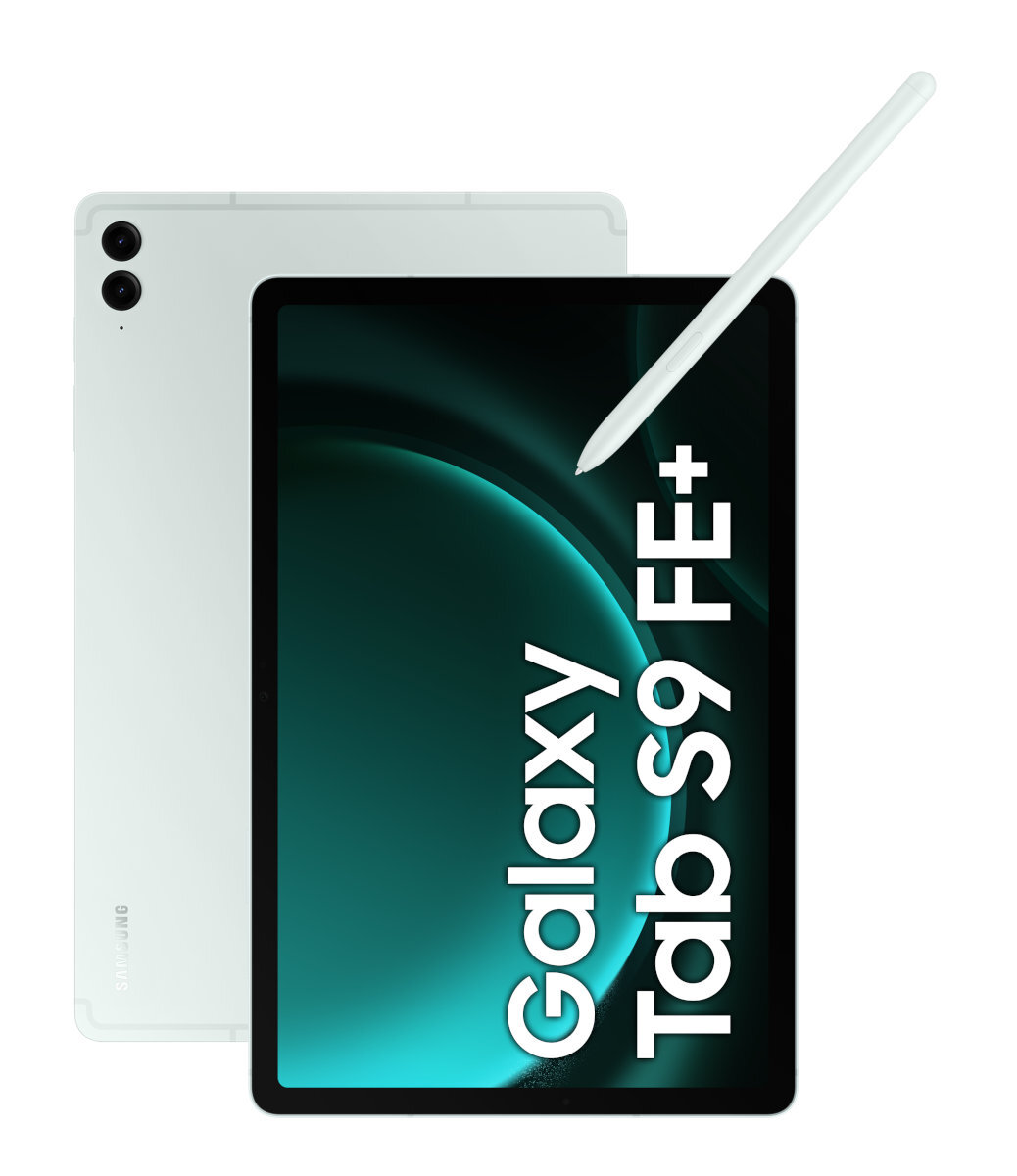 Miętowy tablet z rysikiem na ekranie z napisem Galaxy Tab S9 FE+.