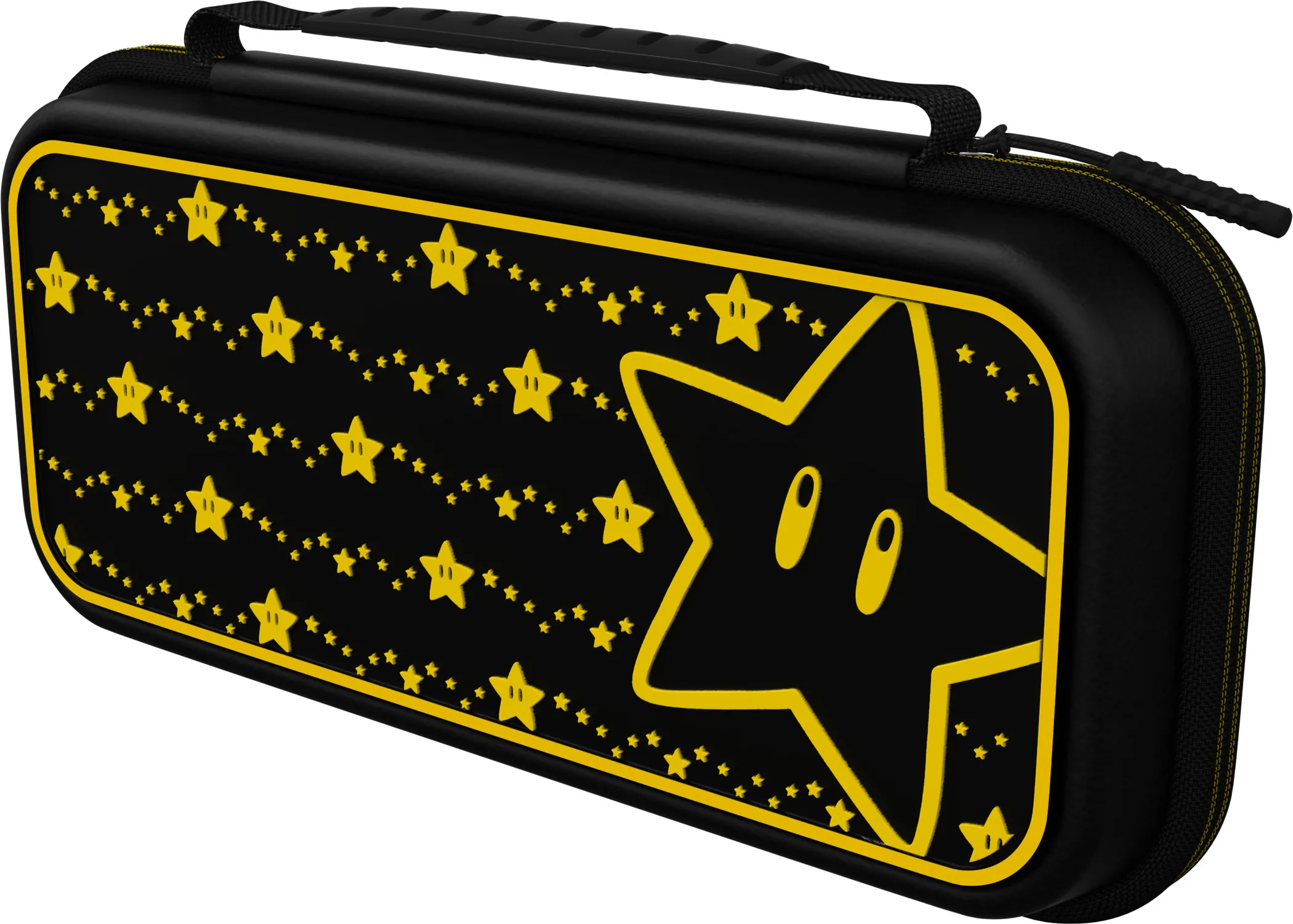 Schwarzes Etui mit gelbem Sterndesign, Griff, Reißverschluss und Mario-Stern-Logo.