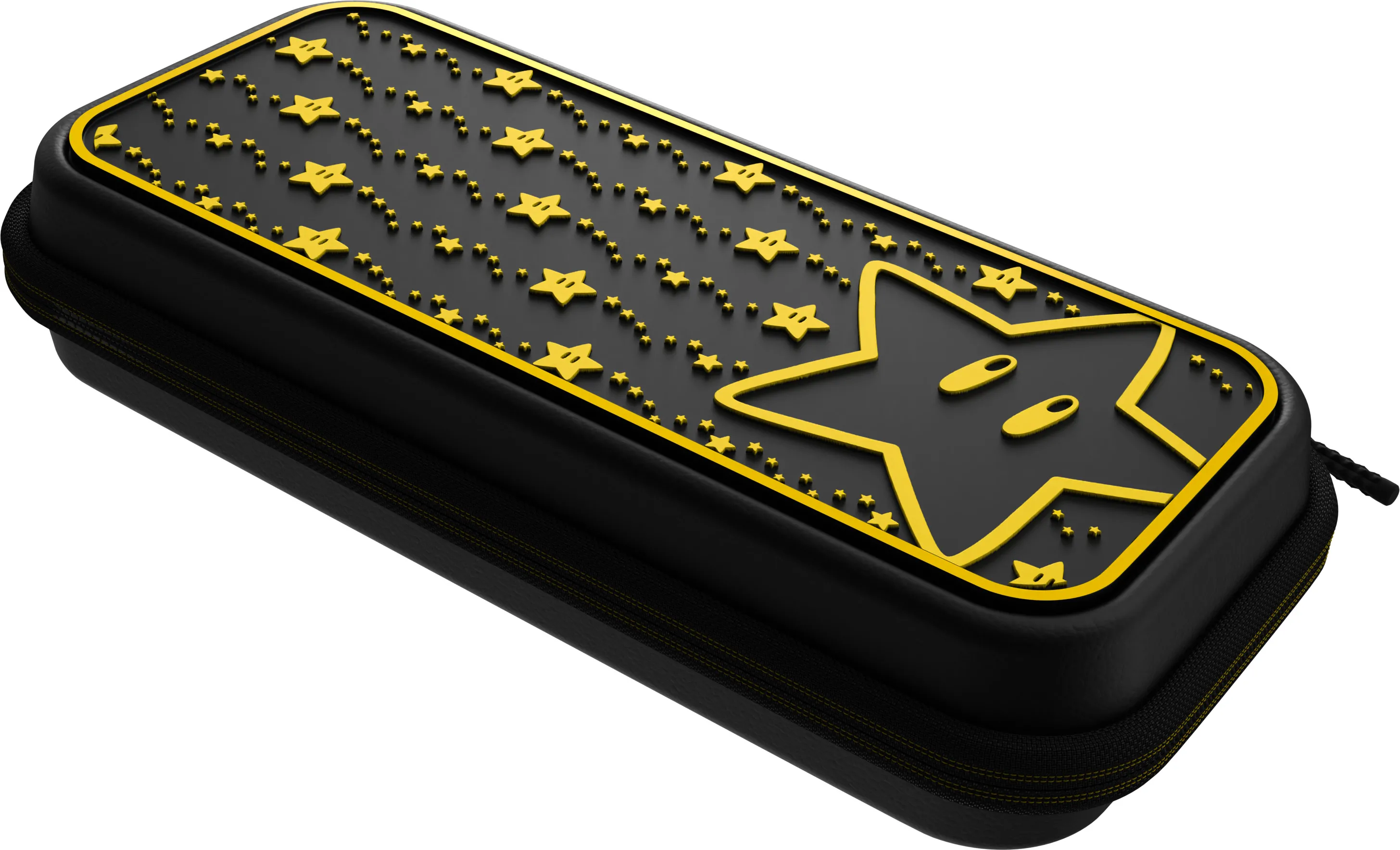 Schwarze Nintendo Switch-Tragetasche mit gelbem Stern- und Sternmuster.