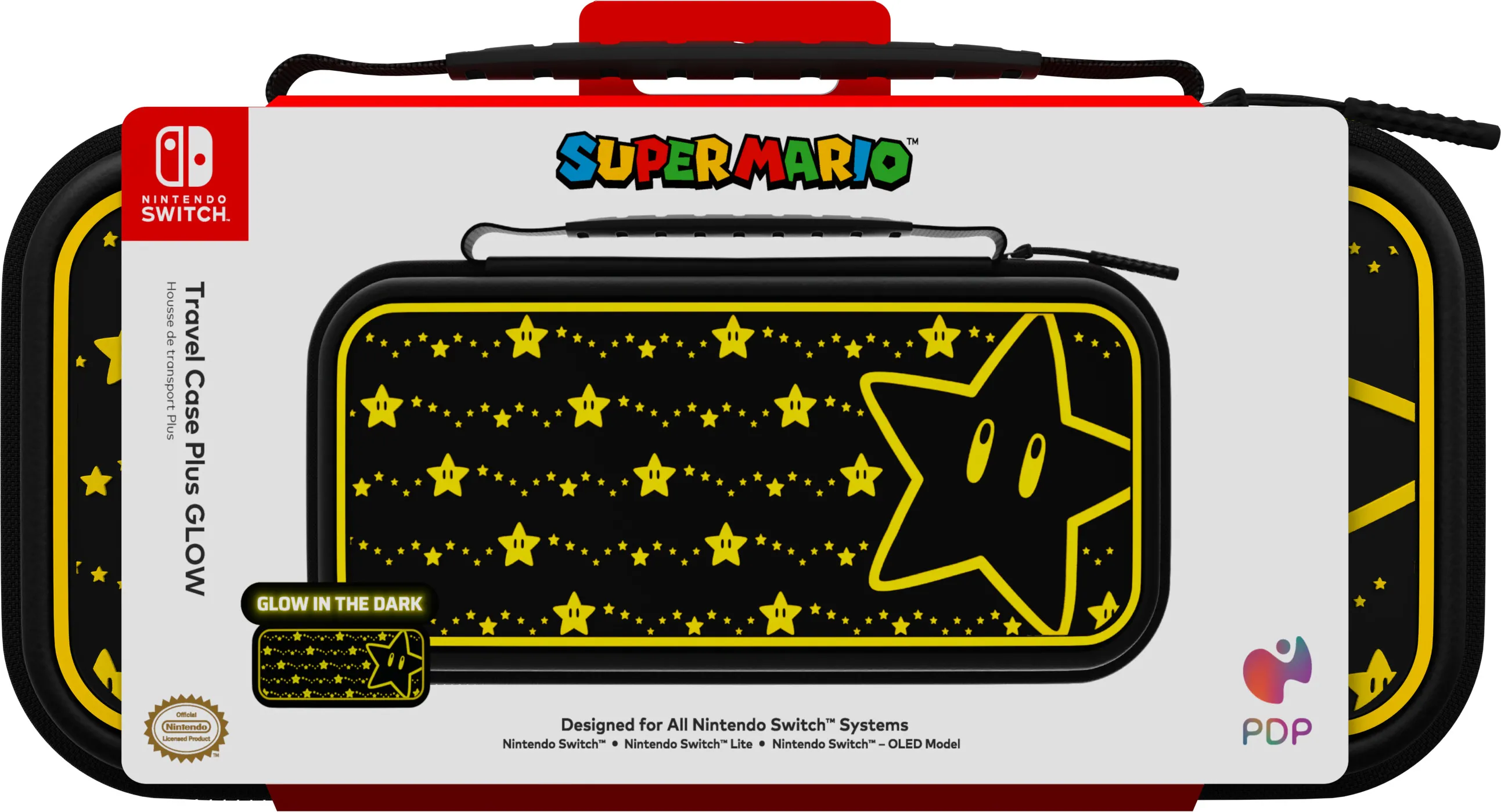 Eine schwarze Nintendo Switch Reisetasche mit Super Mario-Branding und Sternmustern, auf Weiß.