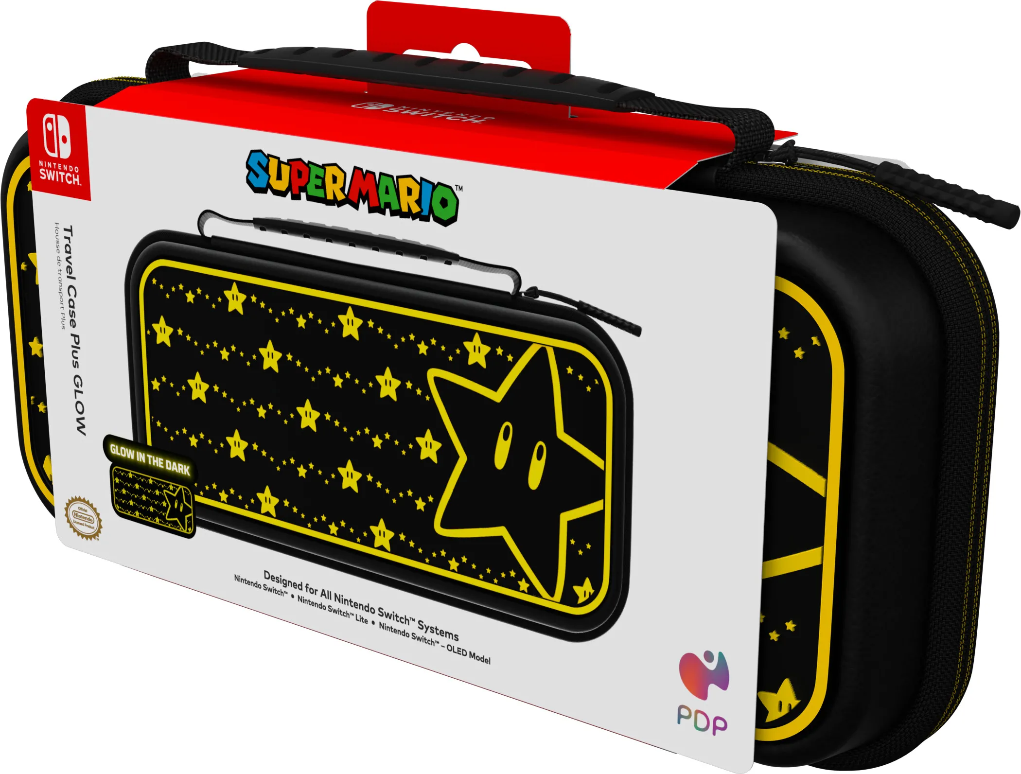 Schwarz-gelbe Nintendo Switch Reisetasche mit Stern-Design, leuchtet im Dunkeln.