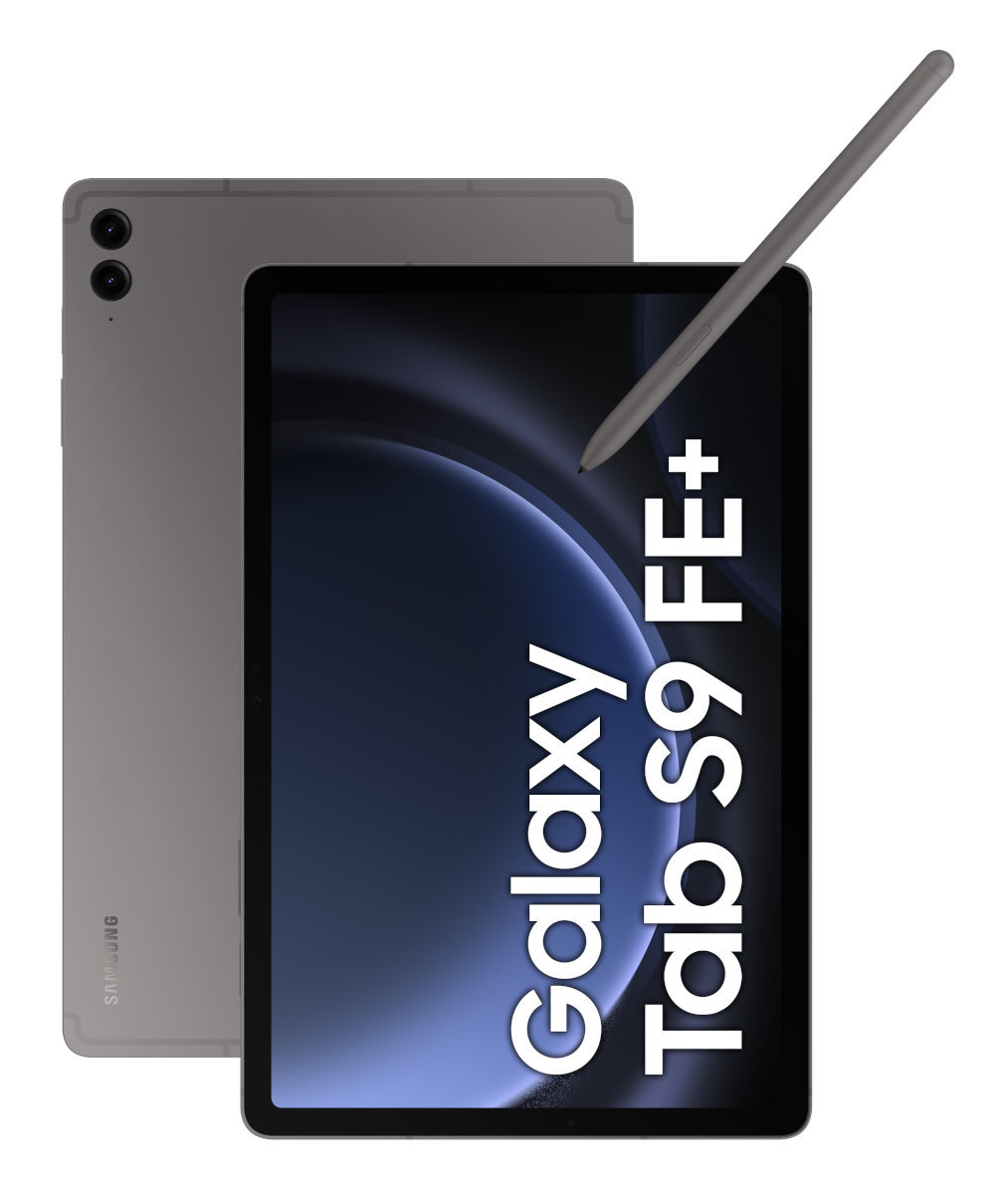 Szary tablet z rysikiem, ekran wyświetla 'Galaxy Tab S9 FE+'.