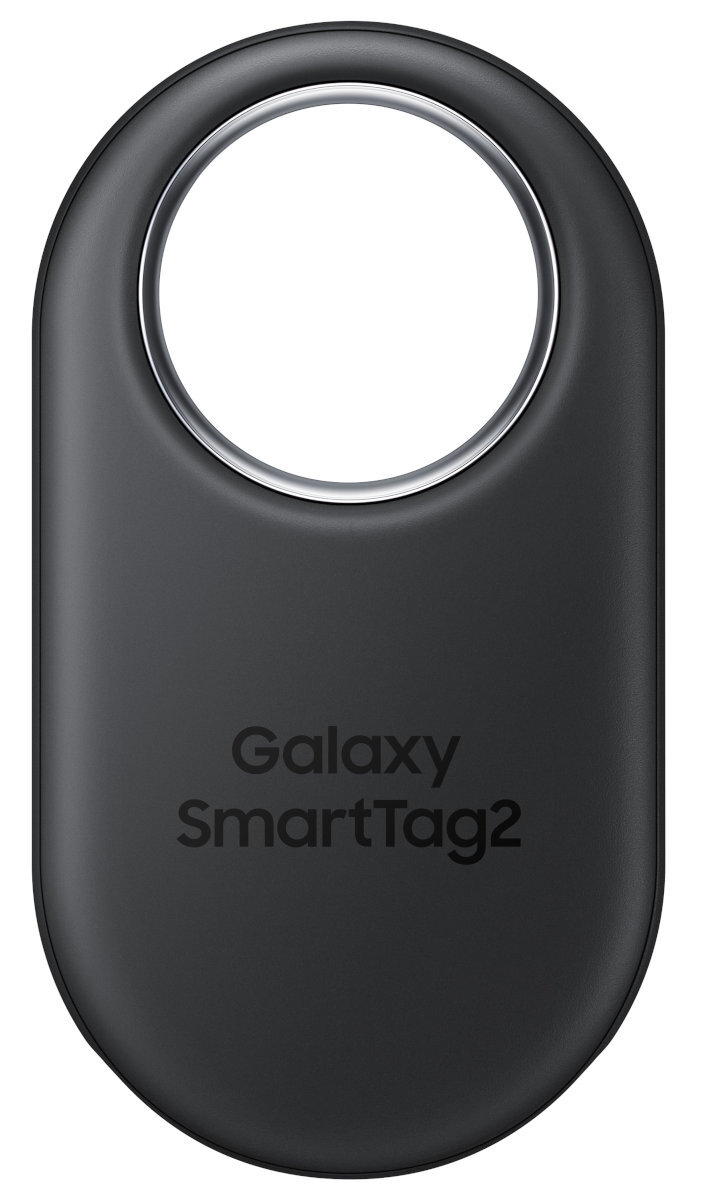 Czarny Galaxy SmartTag2. Owalny kształt, ze srebrną pętlą u góry. Logo Samsung na dole. Białe tło.