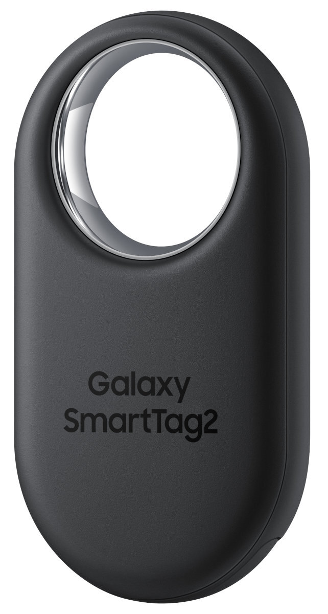 Czarny Galaxy SmartTag2. Ma zaokrąglony prostokątny kształt i srebrny pierścień u góry.