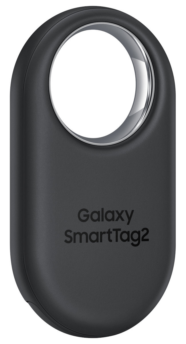 Czarny owalny Galaxy SmartTag2 ze srebrnym pierścieniem i nazwą marki.