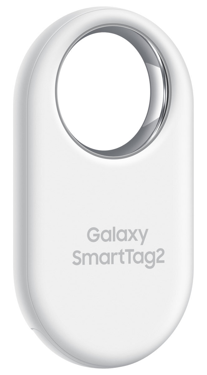 Biały Galaxy SmartTag2. Owalny design ze srebrnym pierścieniem i logo.