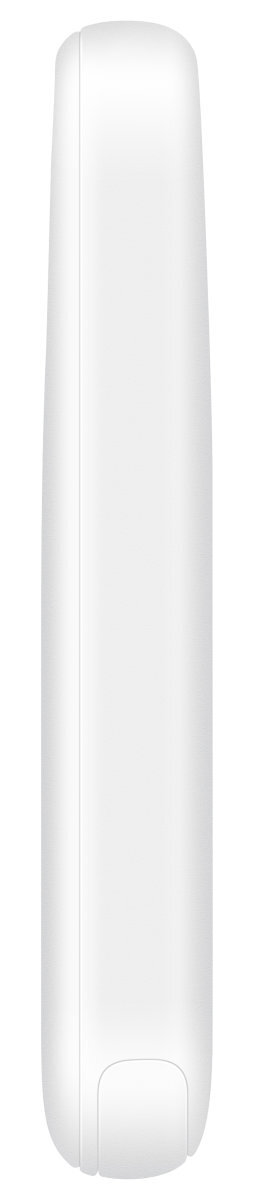 Białe, podłużne urządzenie, prawdopodobnie telefon lub podobne, widok z boku.
