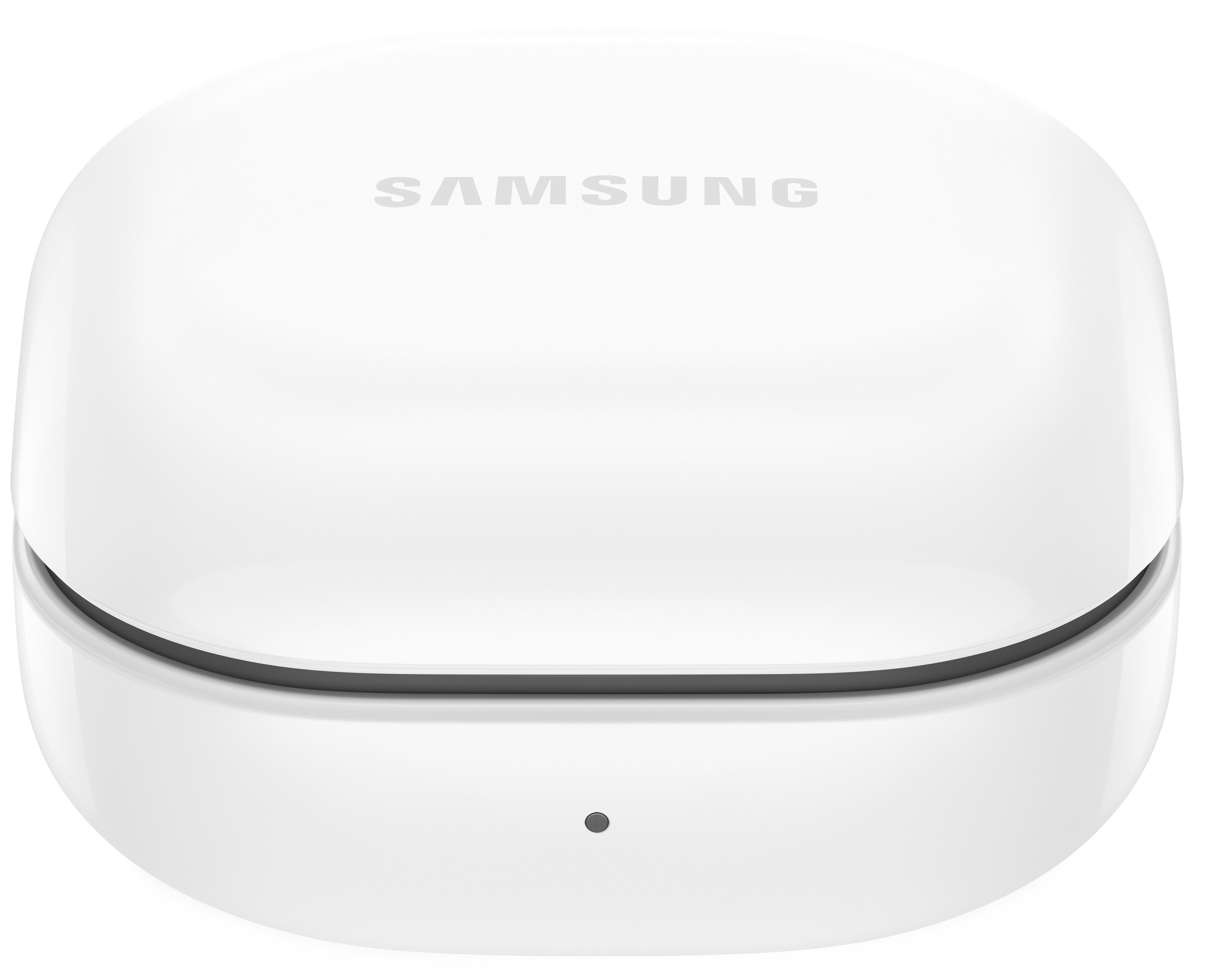 Białe etui ładujące do słuchawek. Logo Samsung znajduje się na środku. Etui jest zamknięte.