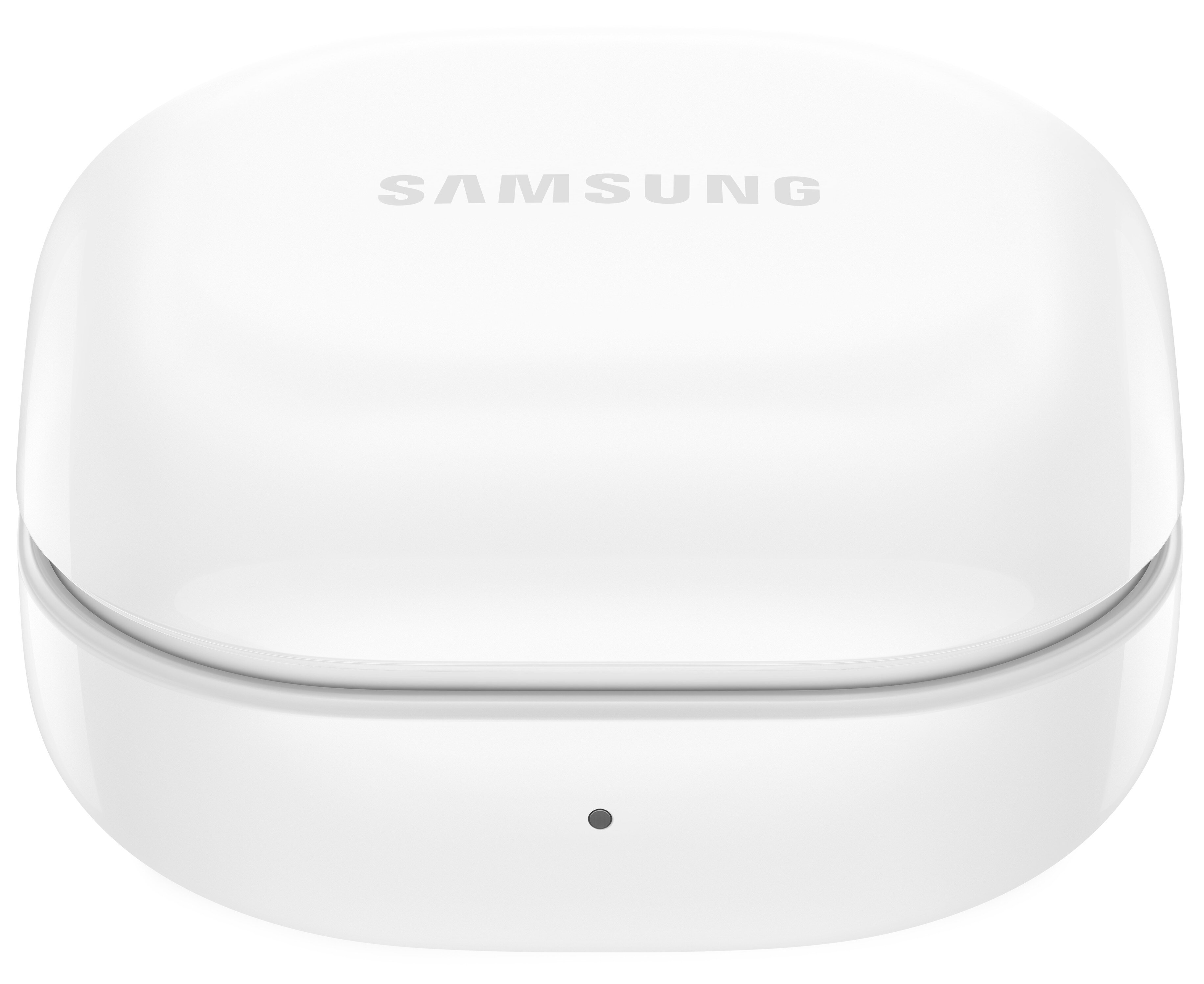 Białe etui na słuchawki Samsung, góra zaokrąglona, podstawa płaska, widoczne logo marki.