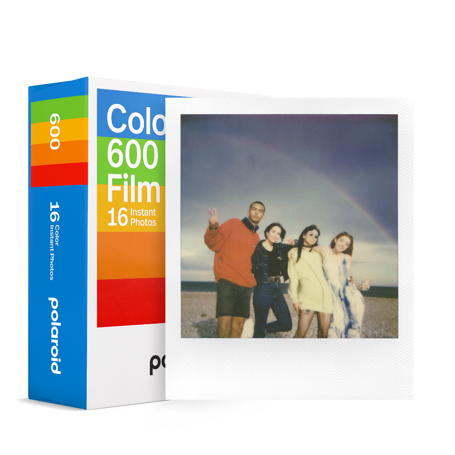 Polaroid 600 filmdoos en instantfoto van 4 personen.