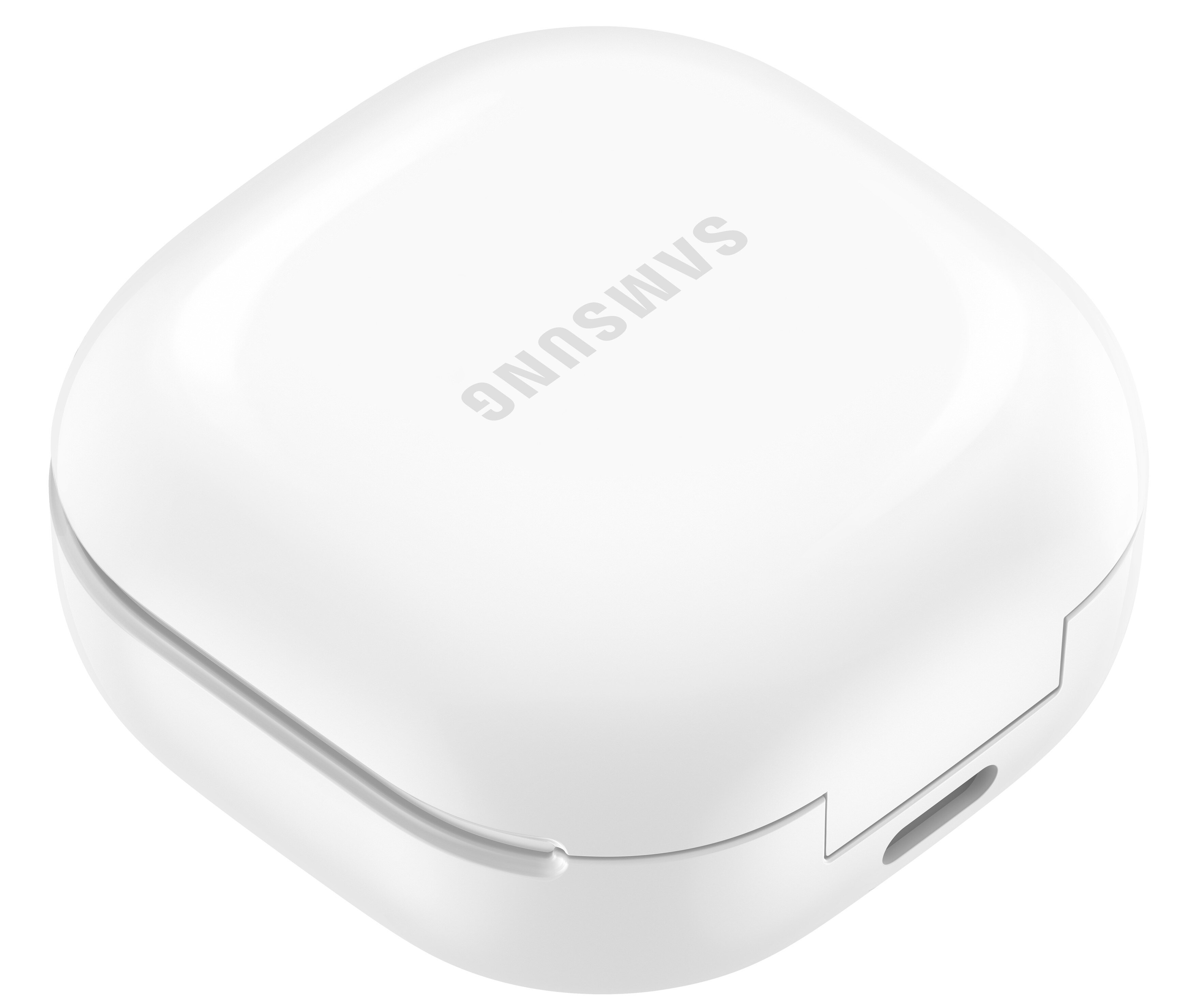 Białe etui Samsung Galaxy Buds, zamknięte. Zaokrąglony kształt. Logo SAMSUNG na górze.