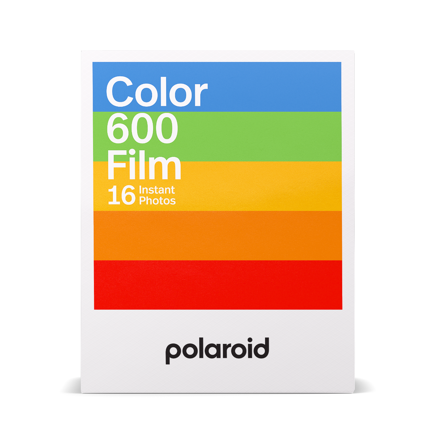 Polaroid filmpakket met blauwe, groene, gele, oranje en rode strepen, witte lijst.