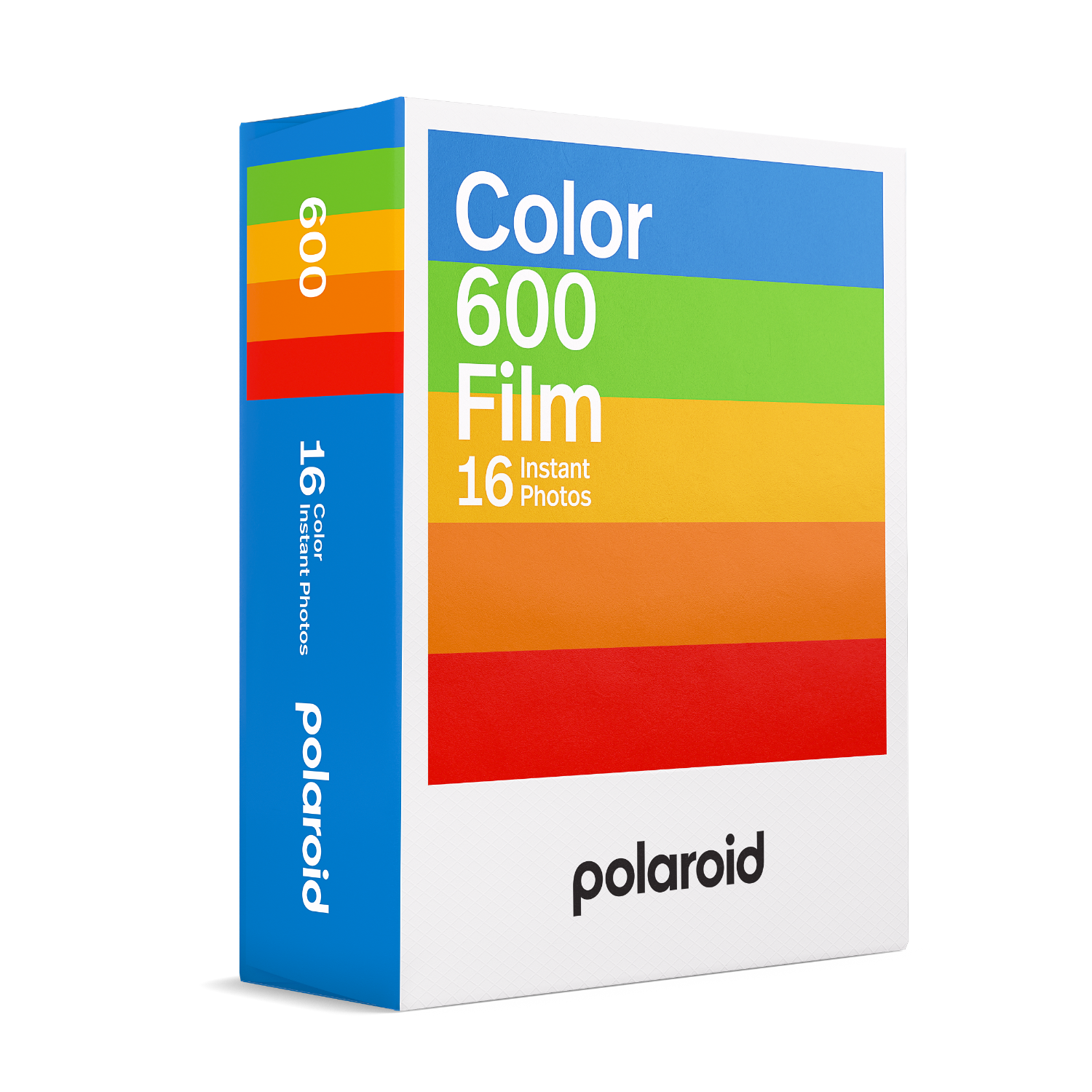 Een doosje Polaroid 600 kleurenfilm met een kleurrijk ontwerp en het Polaroid-logo.