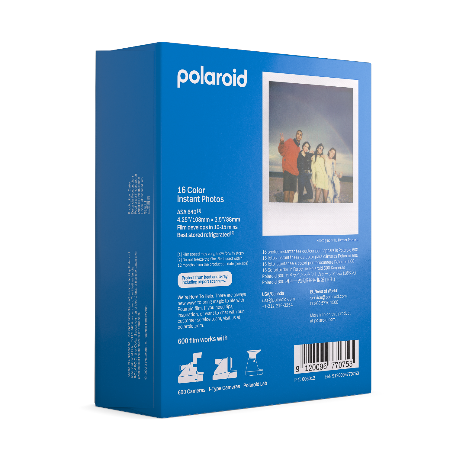 Polaroid filmdoos. Blauw met tekst, foto's en productinfo. Er staat 16 kleuren instant foto's.