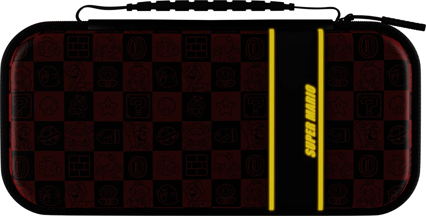 Custodia per giochi di Super Mario. Design rosso e nero con personaggi e testo.