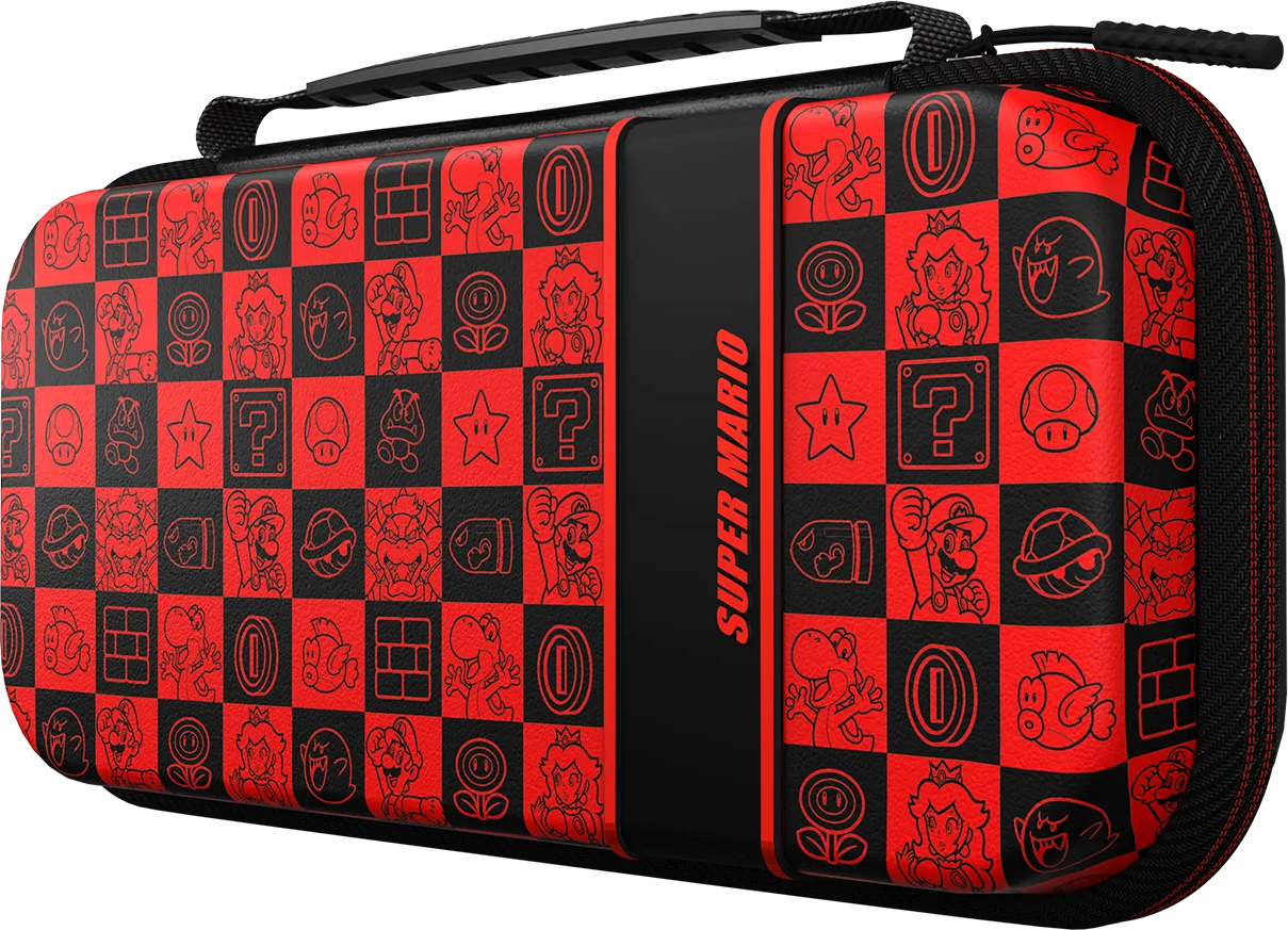 Una custodia rossa e nera di Super Mario. Presenta Mario, monete e altri elementi di gioco.
