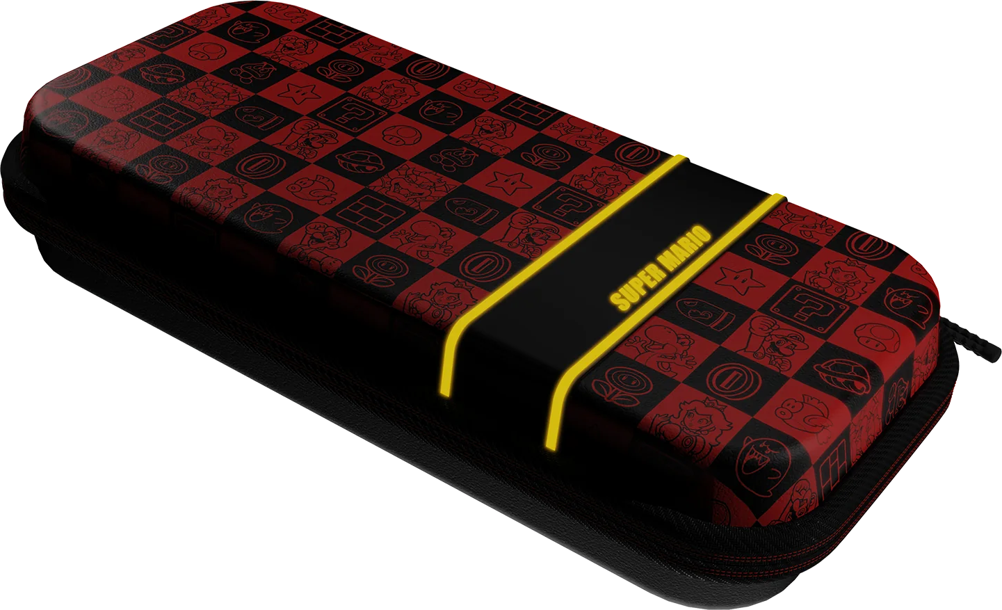 Custodia Switch Super Mario rossa e nera con cerniera, personaggi di Mario e sfondo nero.