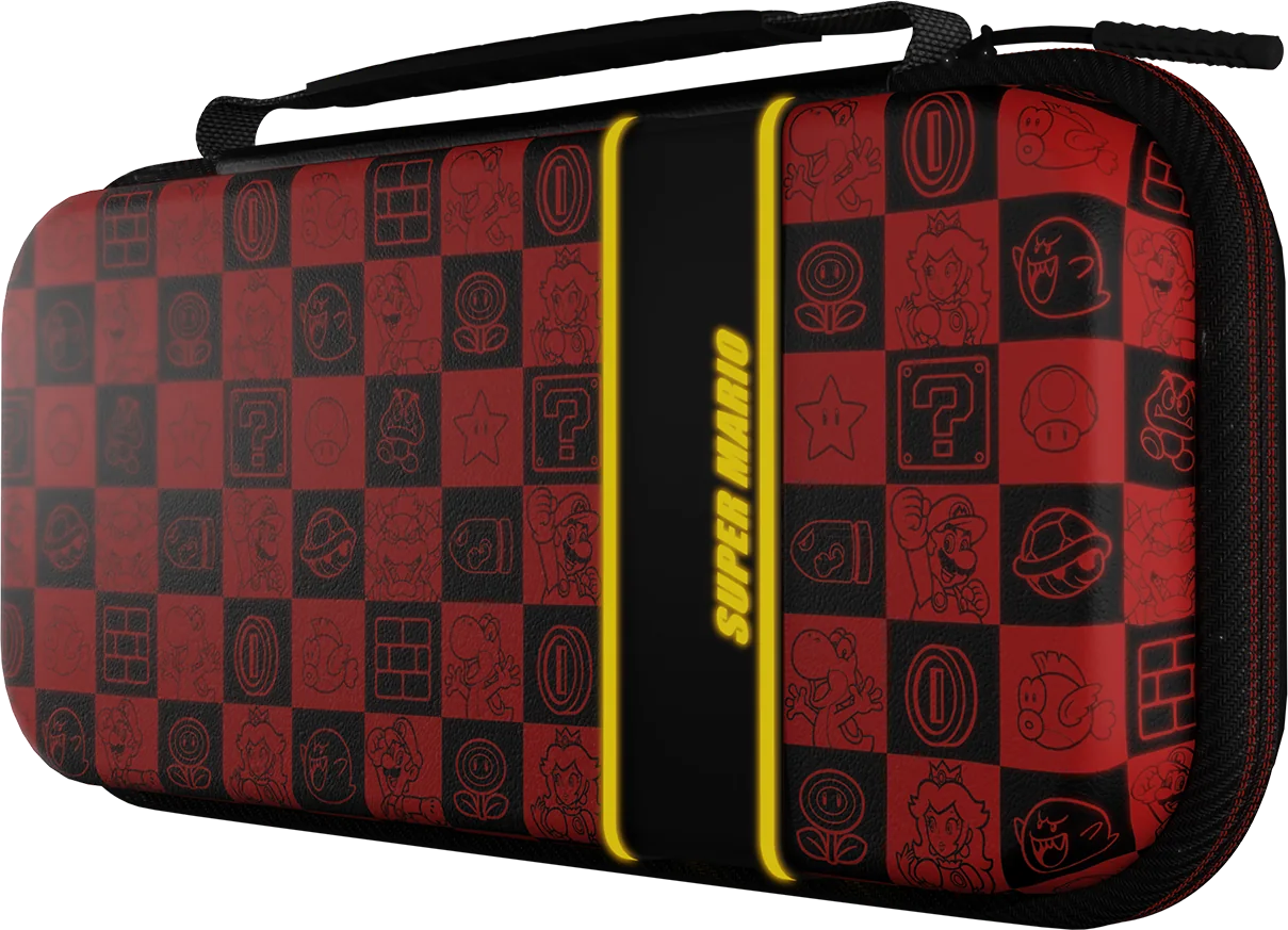 Una custodia per Nintendo Switch a tema Super Mario con un design a scacchiera rosso e nero.