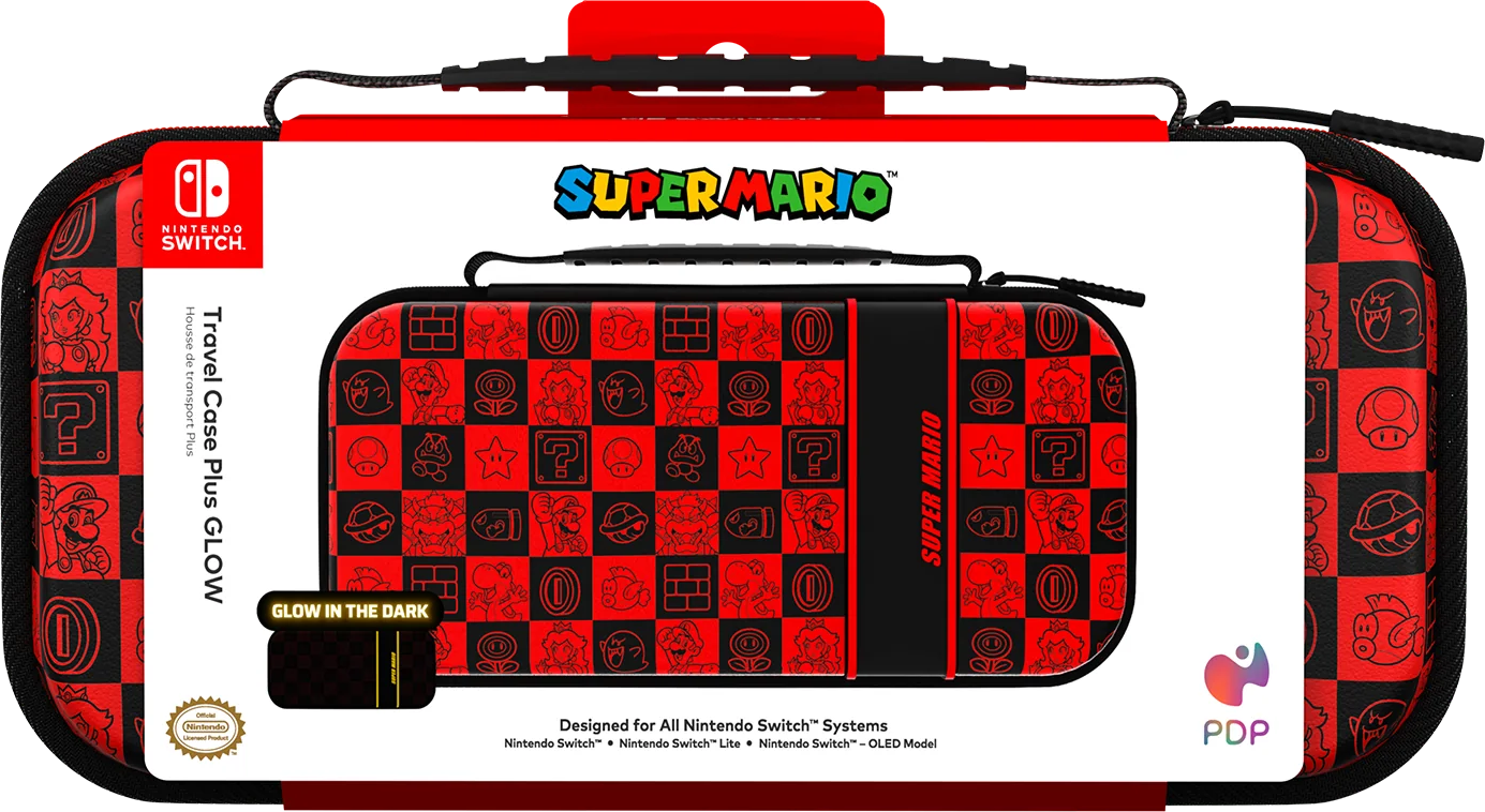 Una custodia Switch Super Mario rossa e nera. I personaggi di Mario sono sulla custodia.