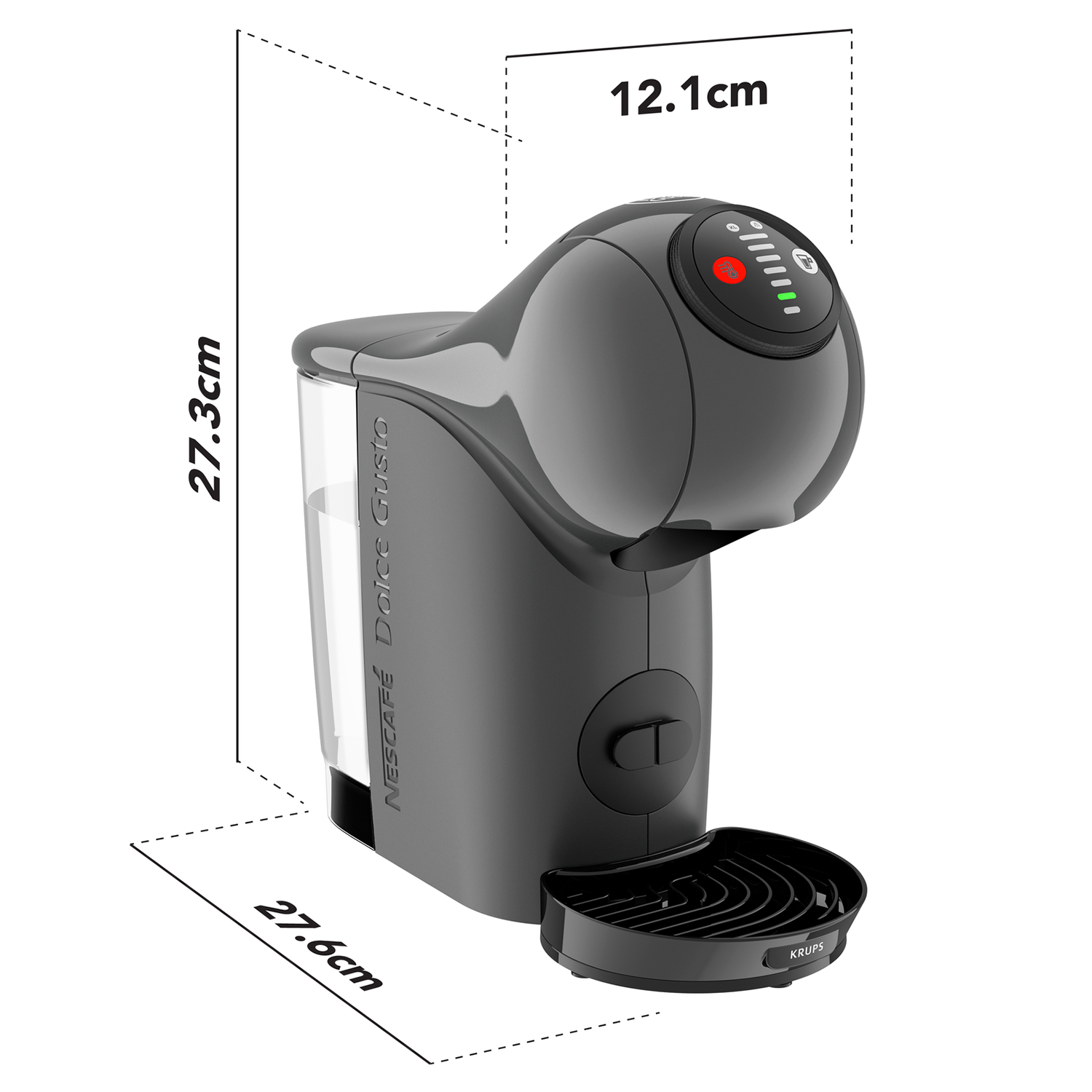 A black coffee machine with measurements in cm. The machine has a water tank and a cup holder. White background.