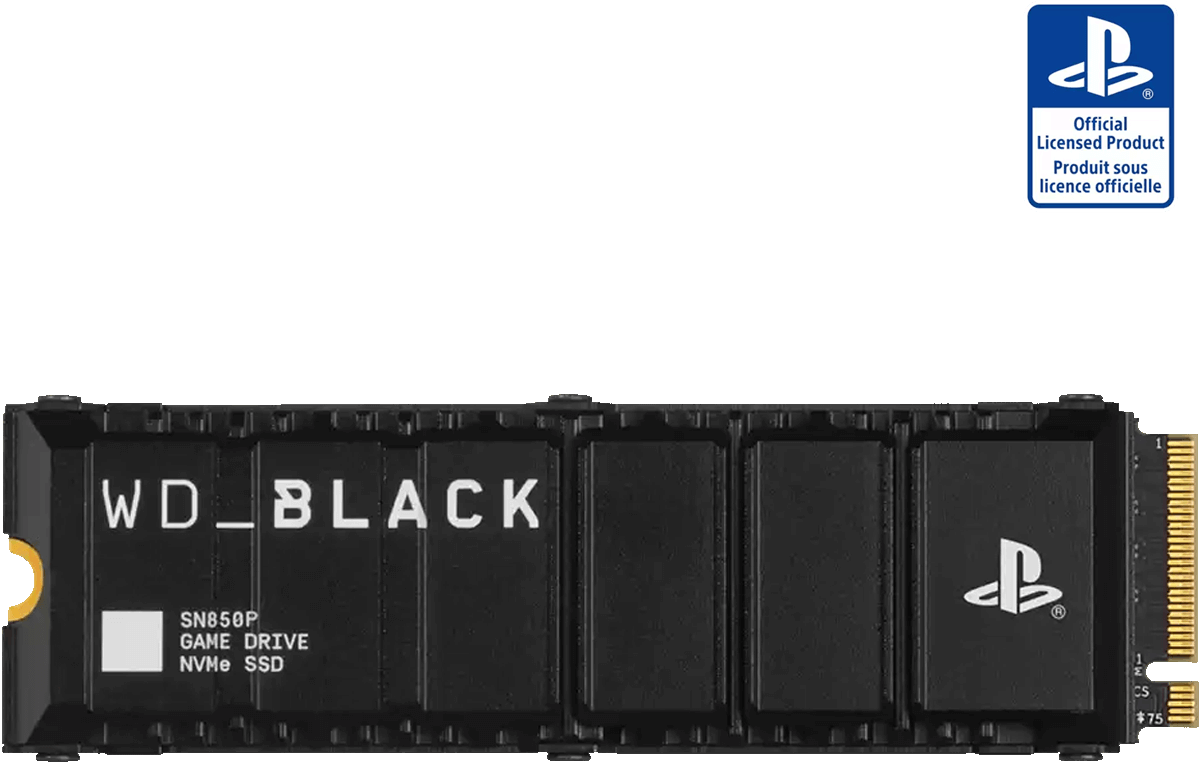 Schwarze WD_BLACK Game Drive SSD. Der Hintergrund ist schwarz mit dem PlayStation-Logo.