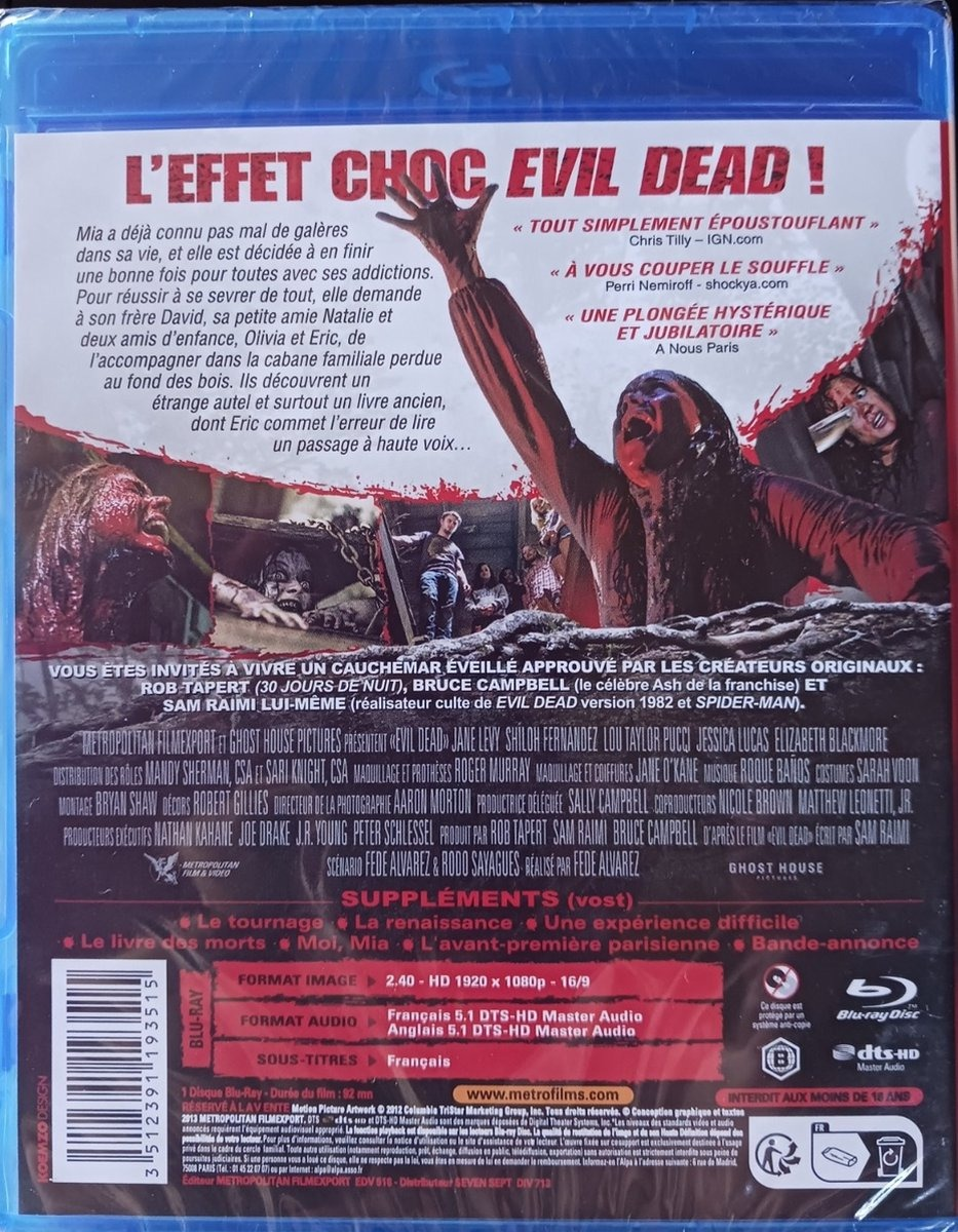 Dos du boîtier Blu-ray d'Evil Dead. Texte et images du film en français.