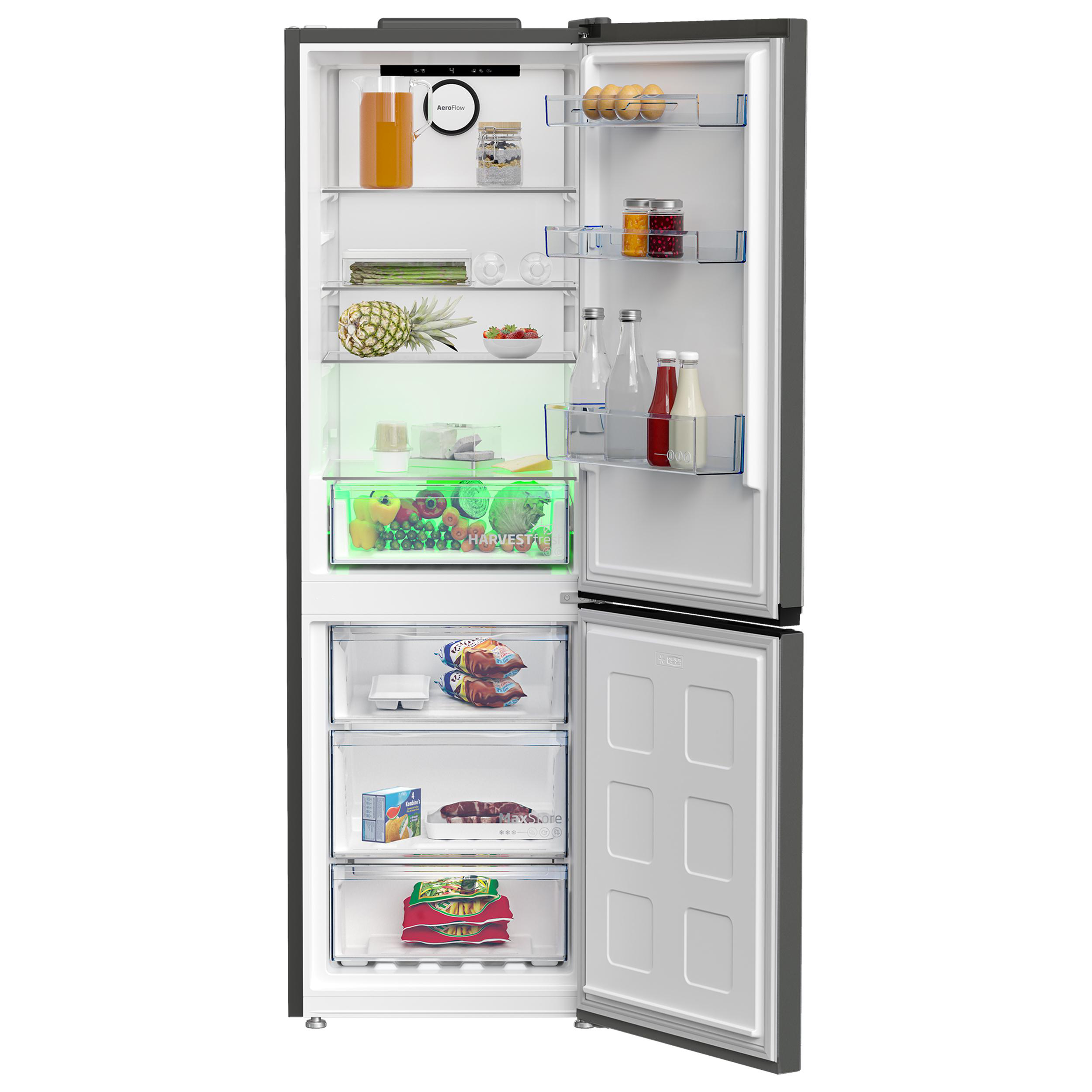 Offener Kühlschrank mit Lebensmitteln. Enthält Obst, Gemüse, Eier und Flaschen.