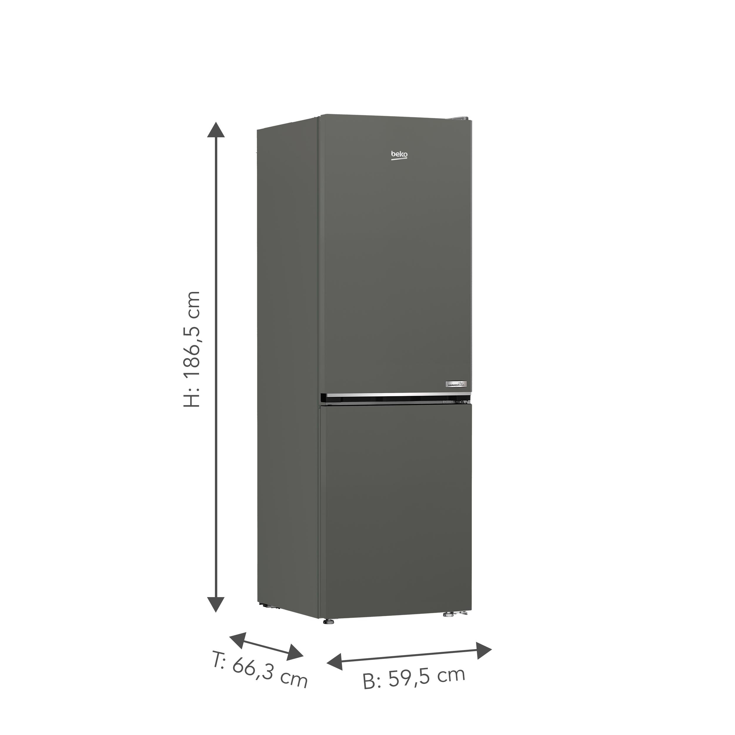 Ein dunkelgrauer Kühlschrank mit Maßen in cm.
