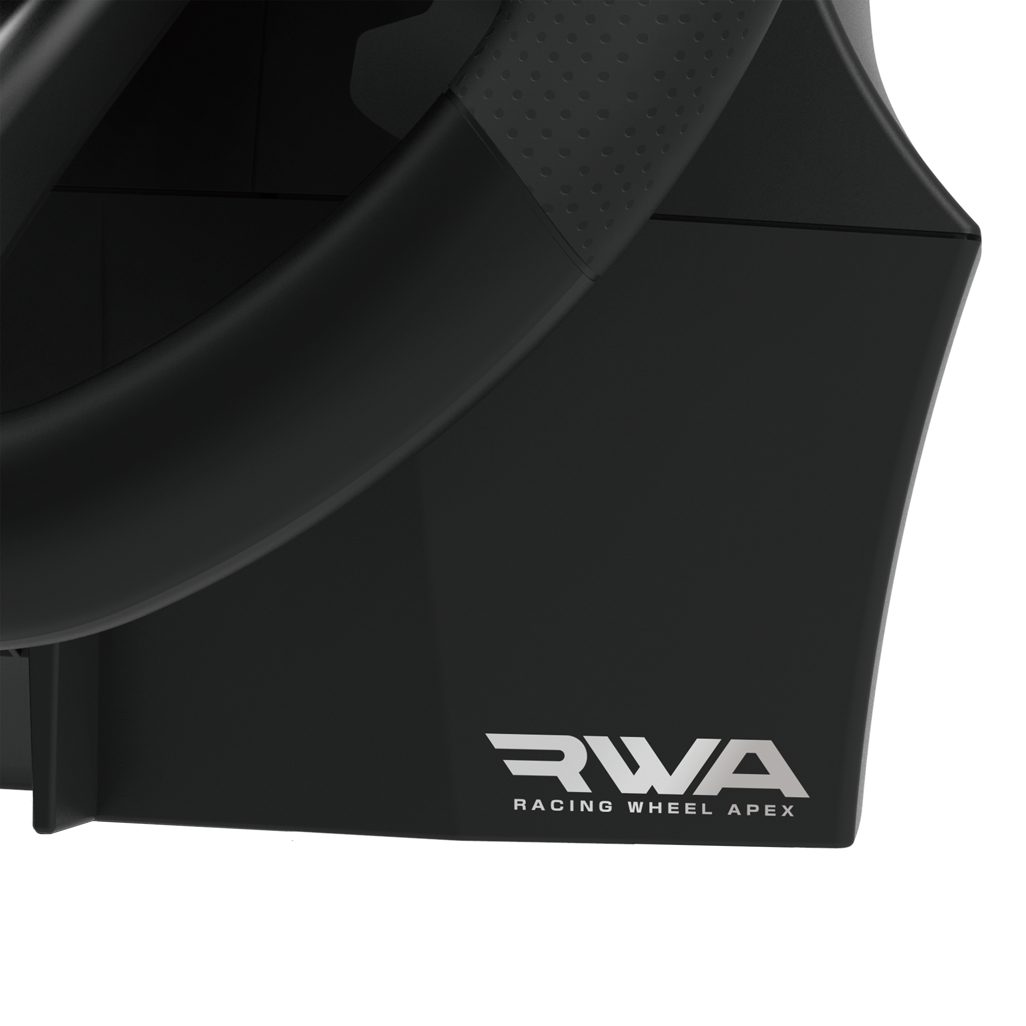 Nahaufnahme einer schwarzen Rennradbasis mit dem Logo RWA RACING WHEEL APEX.