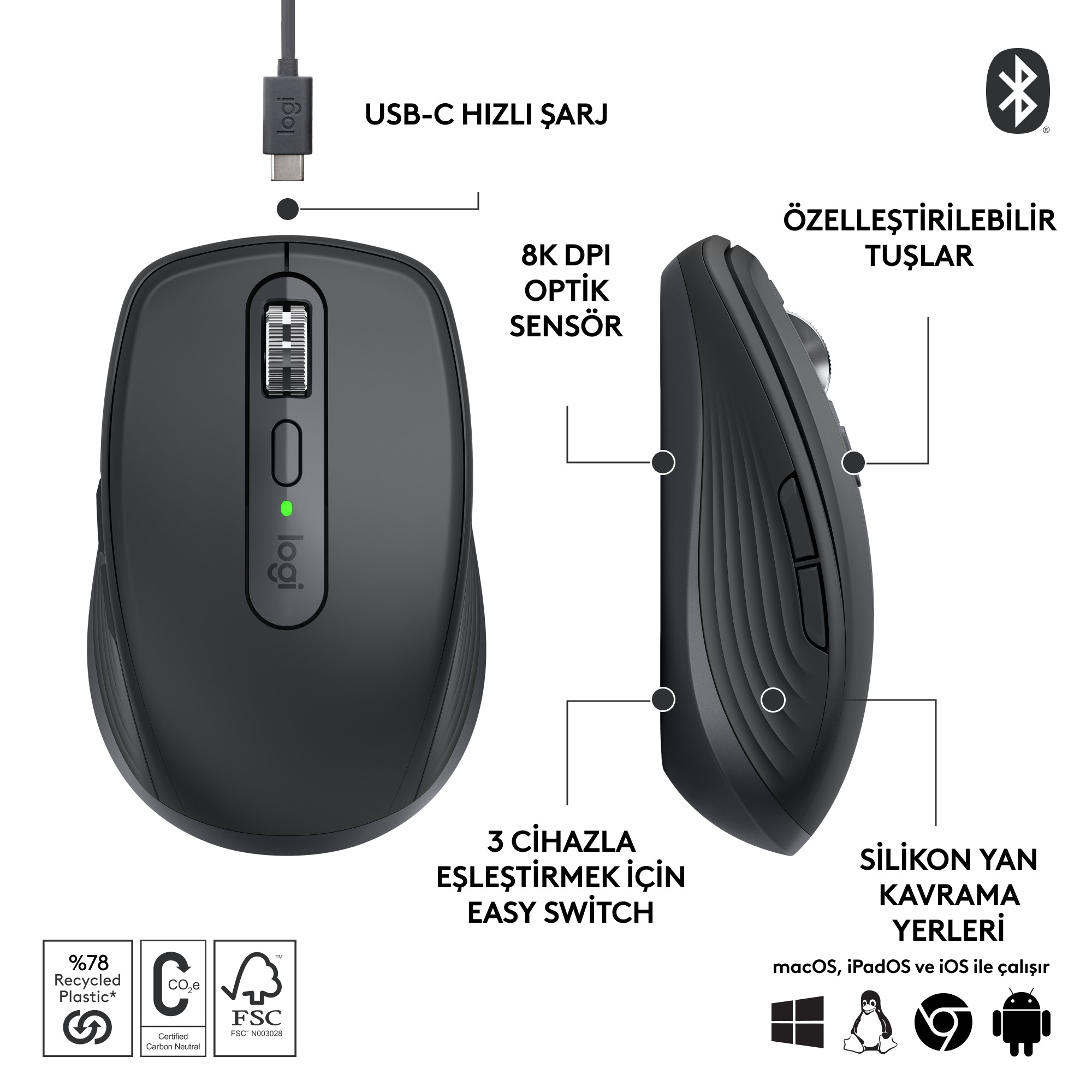 LOGITECH MX Anywhere 3S Sessiz Kompakt Kablosuz Performans Mouse