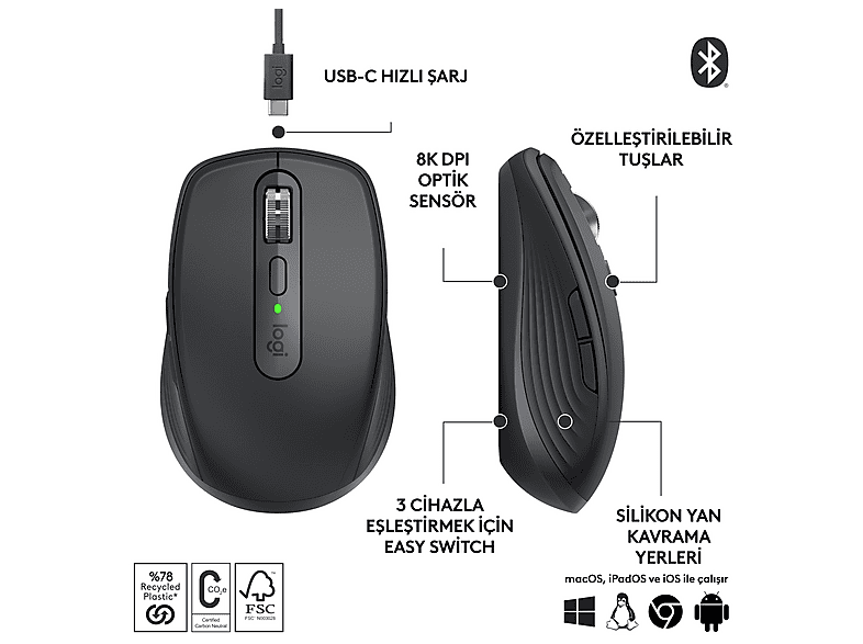 LOGITECH MX Anywhere 3S Sessiz Kompakt Kablosuz Performans Mouse