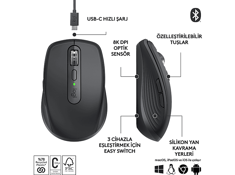 LOGITECH MX Anywhere 3S Sessiz Kompakt Kablosuz Performans Mouse Grafit_1