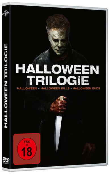 Halloween Trilogie DVD-Box. Michael Myers hält ein Messer auf dem Cover.