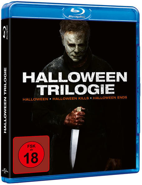 Eine Blu-ray-Disc-Hülle für 'Halloween Trilogie' wird gezeigt, mit schwarzem Hintergrund und Messer.