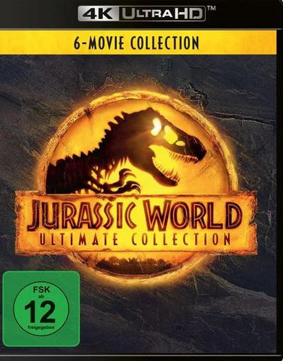 Jurassic World: Ultimate Collection Blu-ray Box-Set mit Dinosaurier-Bild. Gelbes und schwarzes Design.