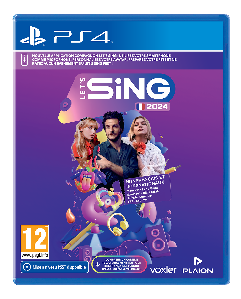 PS4-Spielbox für 'Let's Sing 2024' mit drei Sängern, mit französischem Text.
