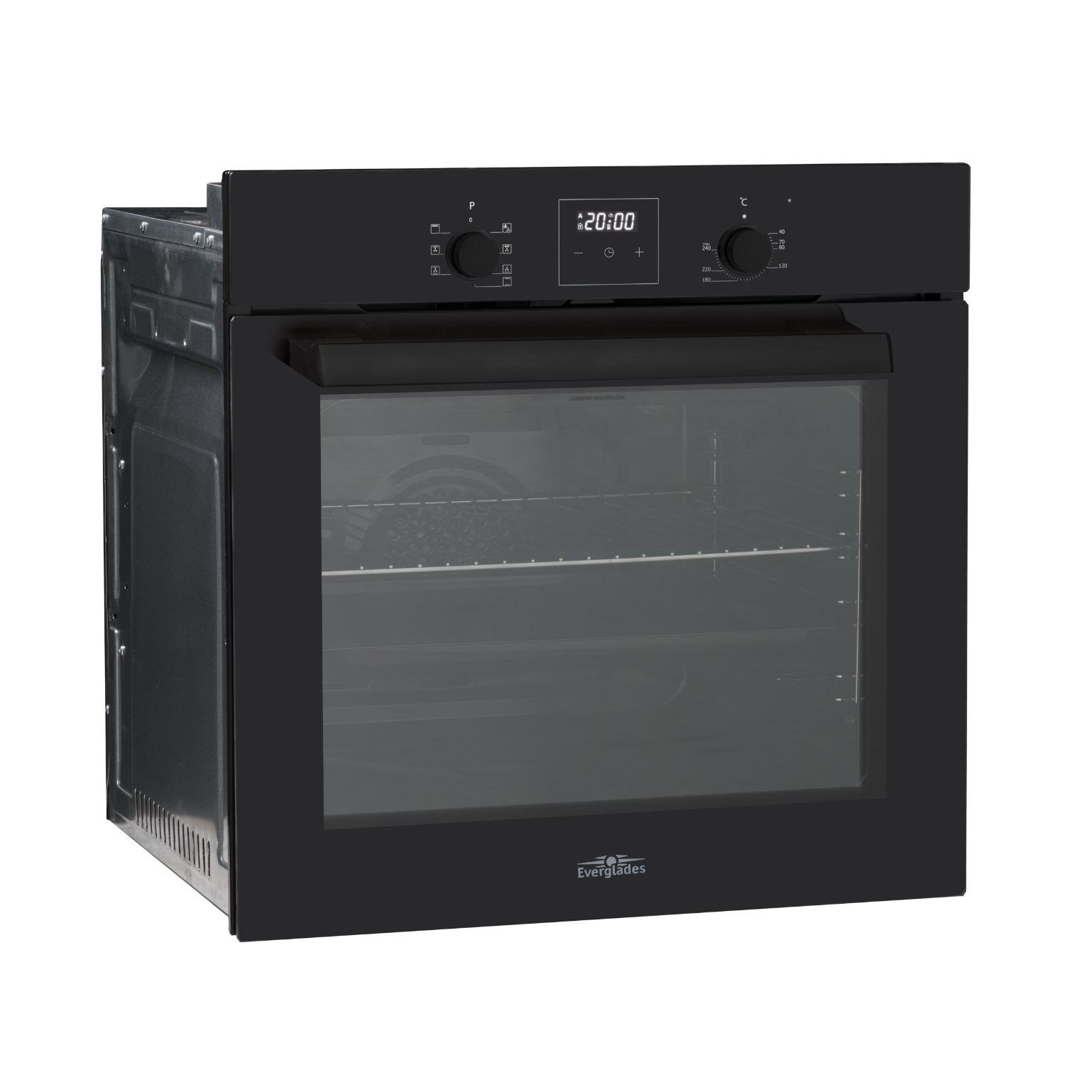 Zwarte oven met glazen deur. Het scherm toont de tijd. Het interieur is zichtbaar.