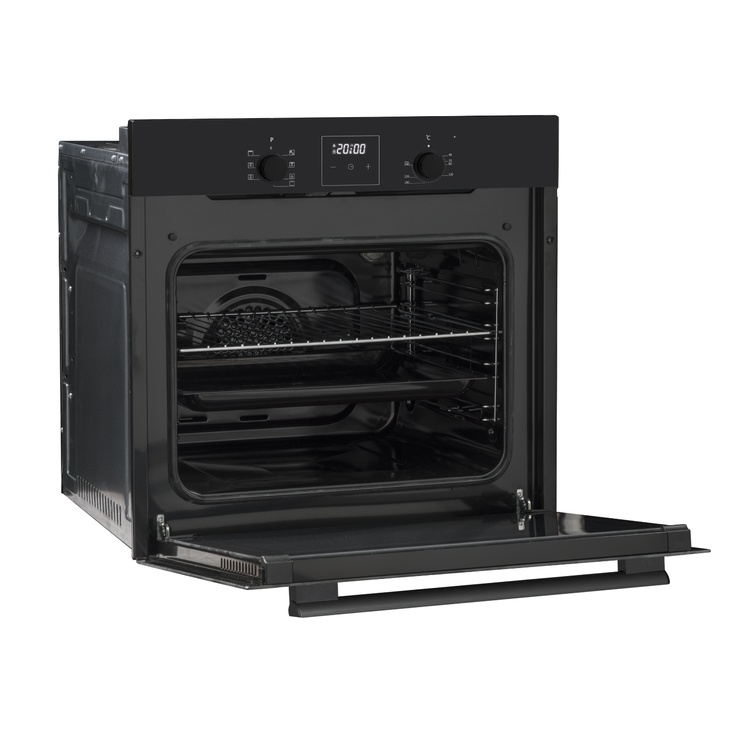 Zwarte oven met open deur, met binnenrekken en bedieningspaneel met display.