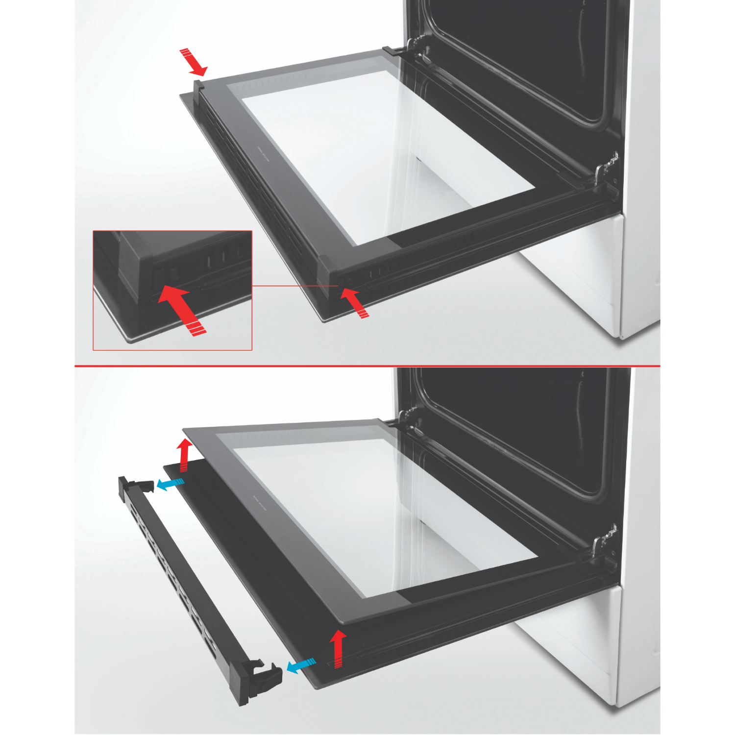 Diagram dat laat zien hoe je de glazen deur van een oven verwijdert en installeert.