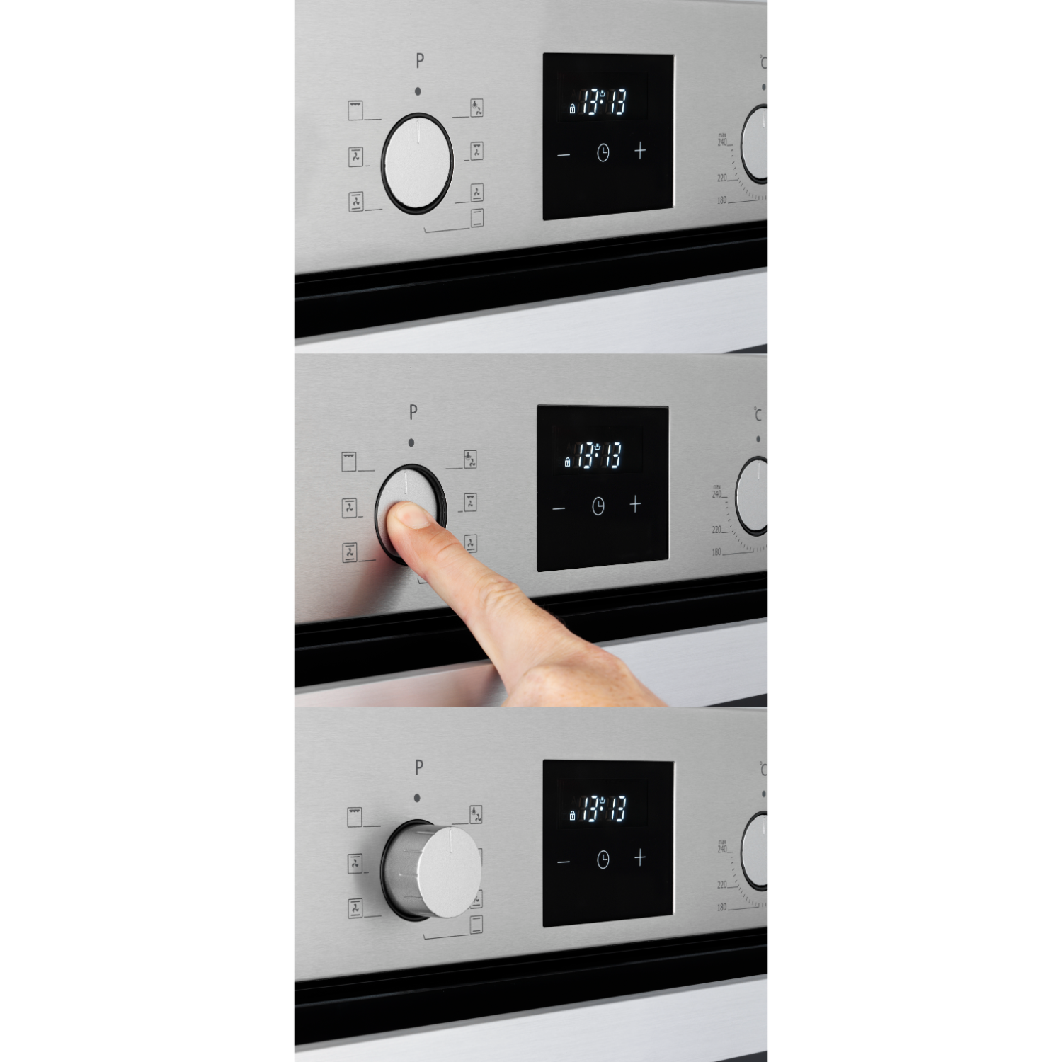 Ovenbedieningspaneel met digitale weergave. Vinger drukt op knop. Drie verschillende weergaven.