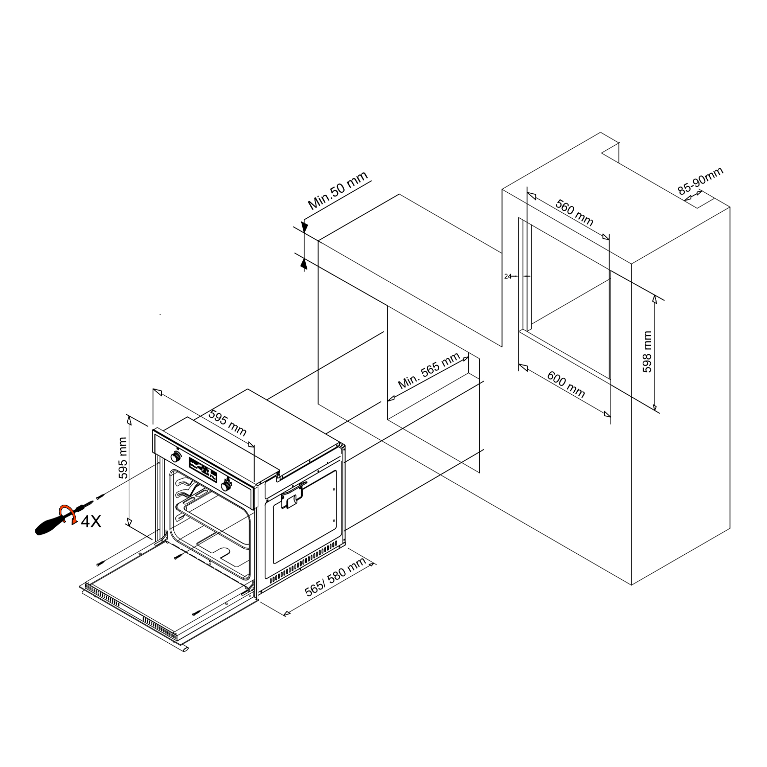 Diagram van een oveninstallatie met afmetingen. Oven en aangrenzende kasten in wit.