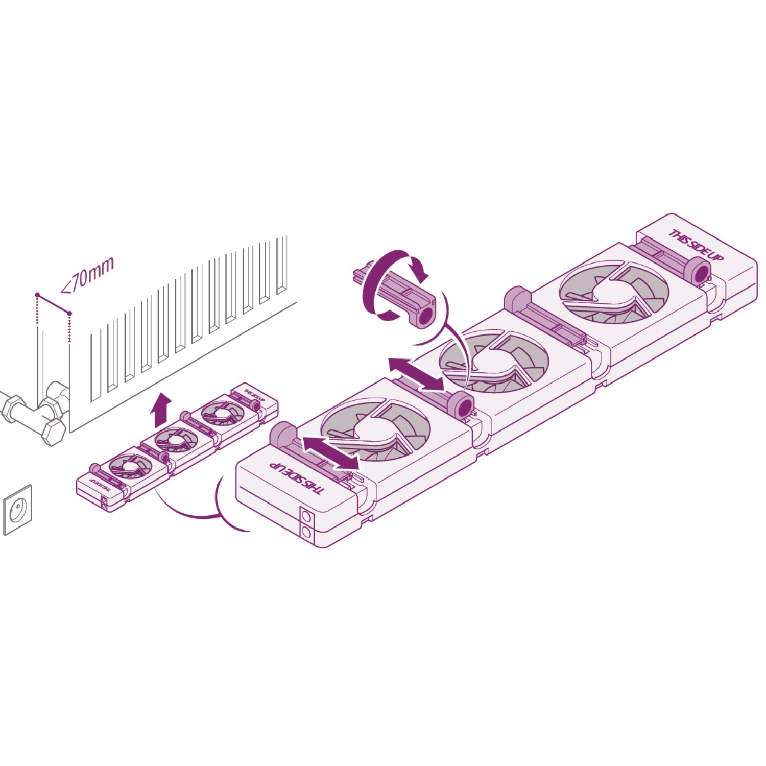 An illustrated diagram of how to assemble cooling fans, with arrows and labels such as 'THIS SIDE UP'.