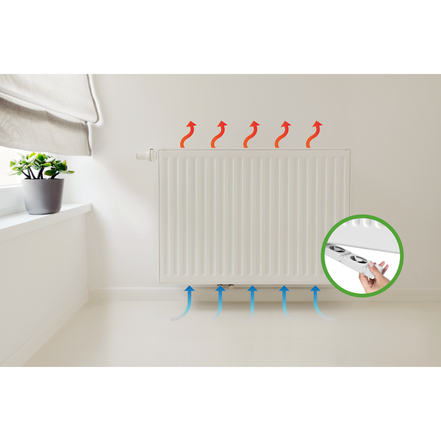 A white radiator with arrows indicating heat flow, and a fan accessory.