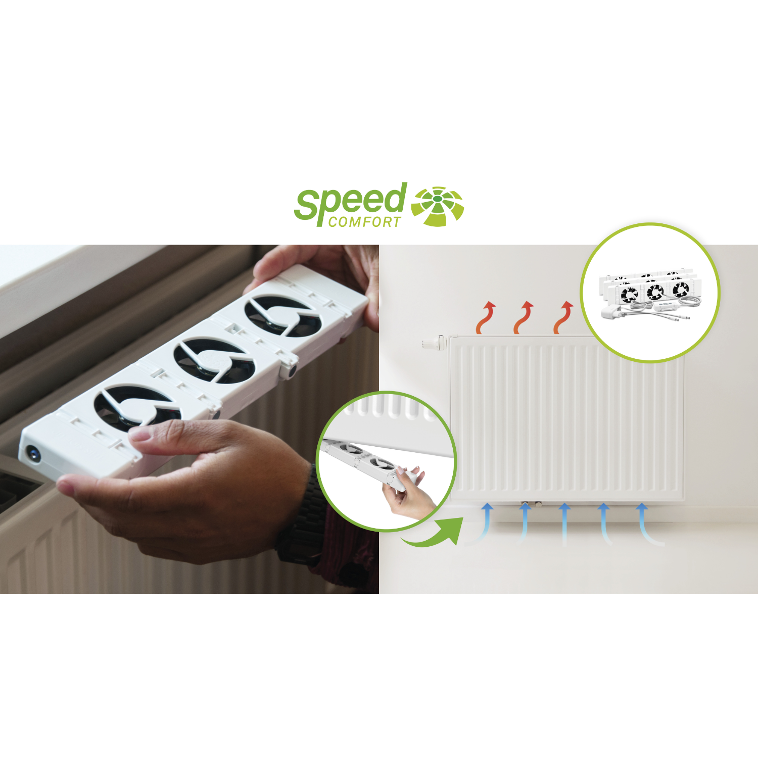 A person is holding a white device with fans, positioned in front of a radiator. Arrows indicate airflow and heat.