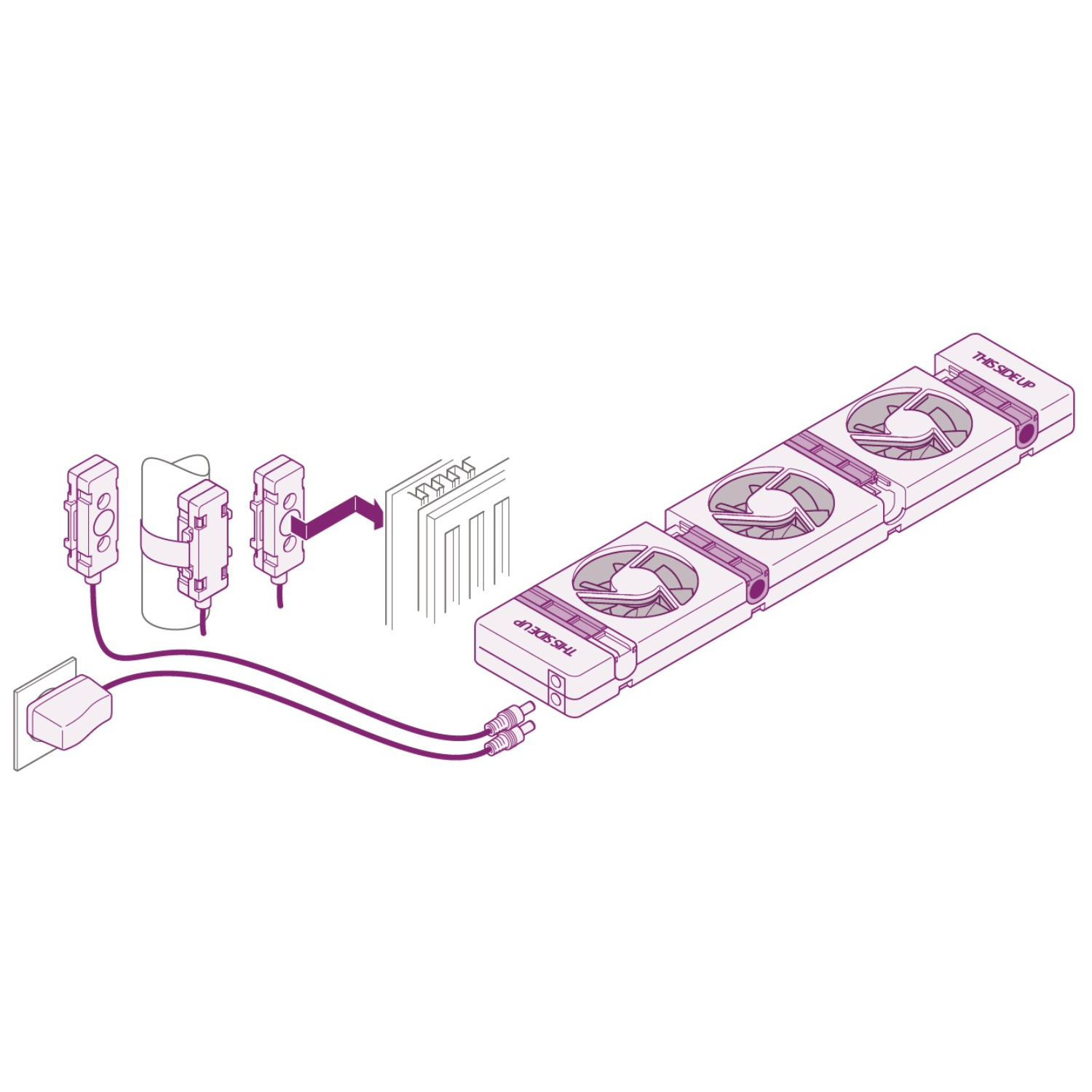 An illustration of multiple components with purple wires and connectors for an electronic device.