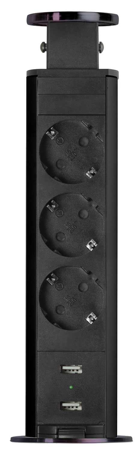 DELIGHT rejtett elosztó 3-as, 2xUSB, szálcsiszolt titán fekete (20430BBU)