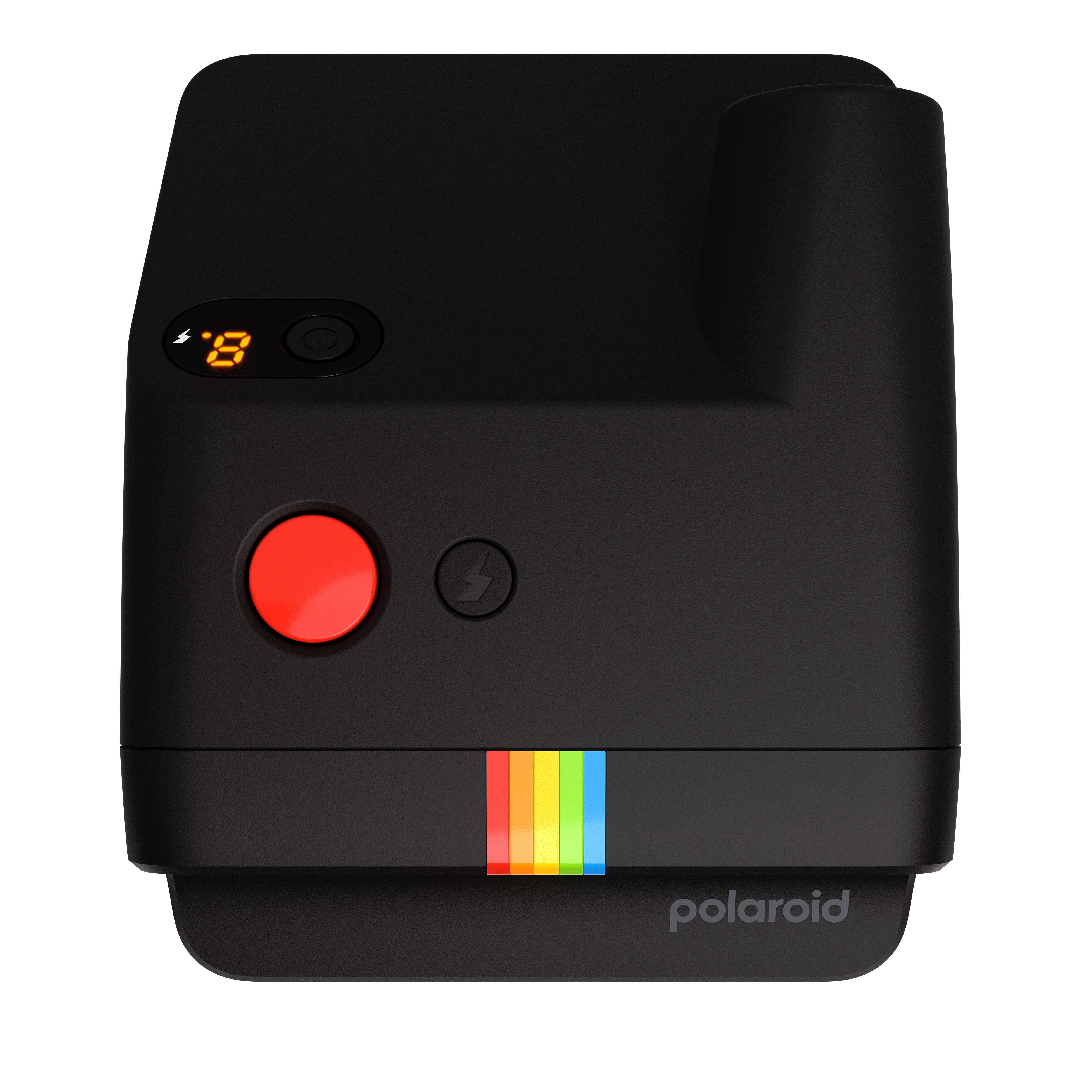 Schwarze Polaroid-Kamera mit rotem Knopf und Regenbogenstreifen unten.
